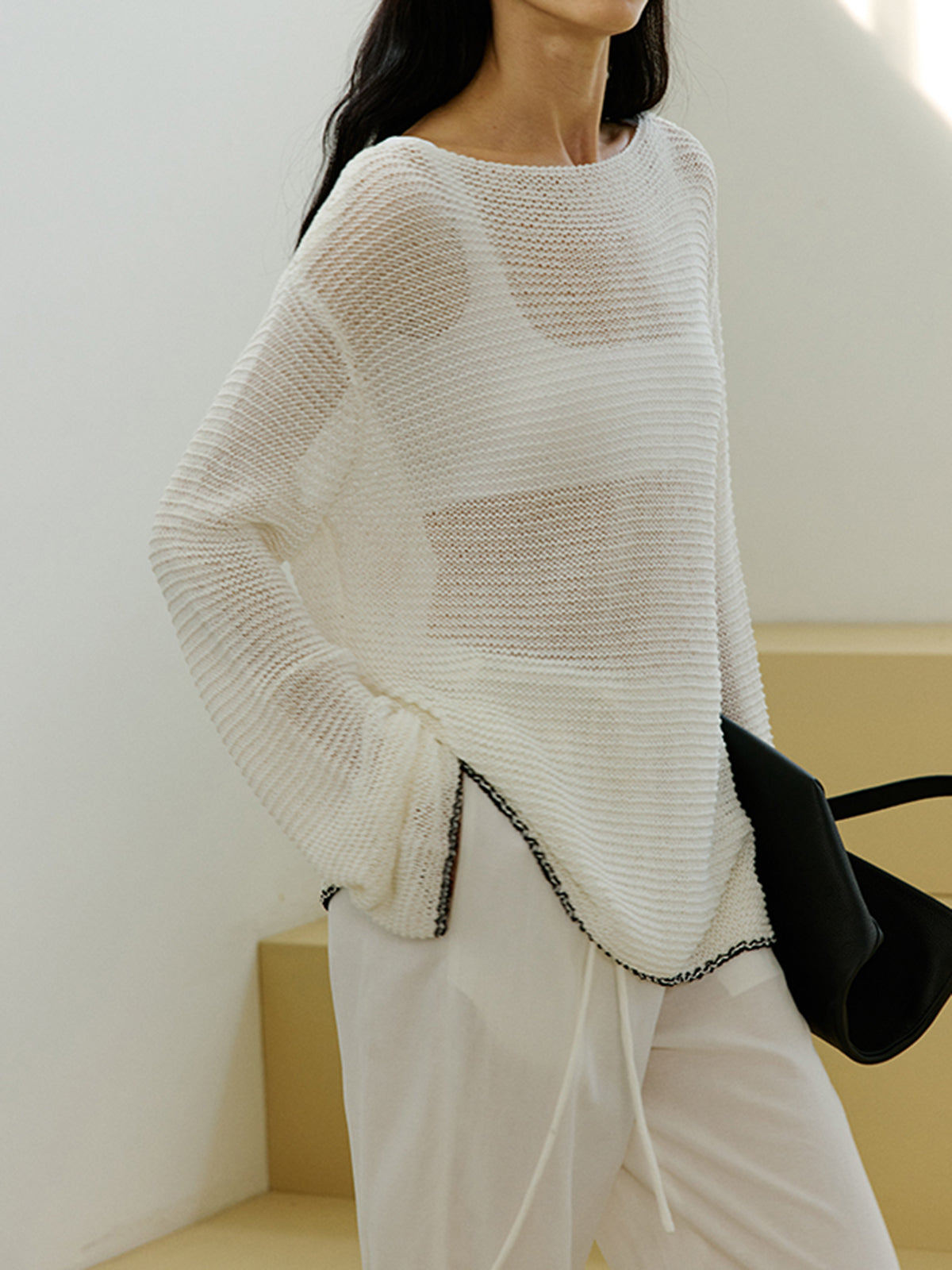 Oversized Contrast Trim Sim-Sheer Sweater-Massicos