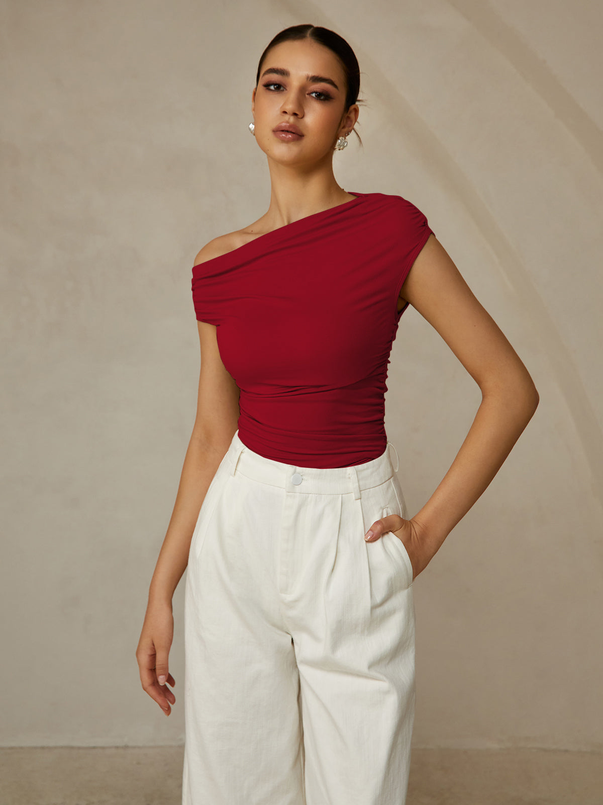 Asymmetrical Neck Sleeveless T-Shirt-Massicos