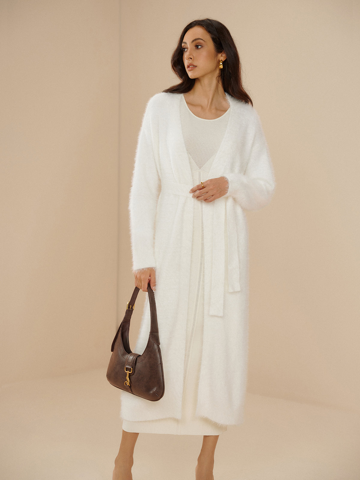 Elegant Fuzzy Plain Belted Cardigan-Massicos