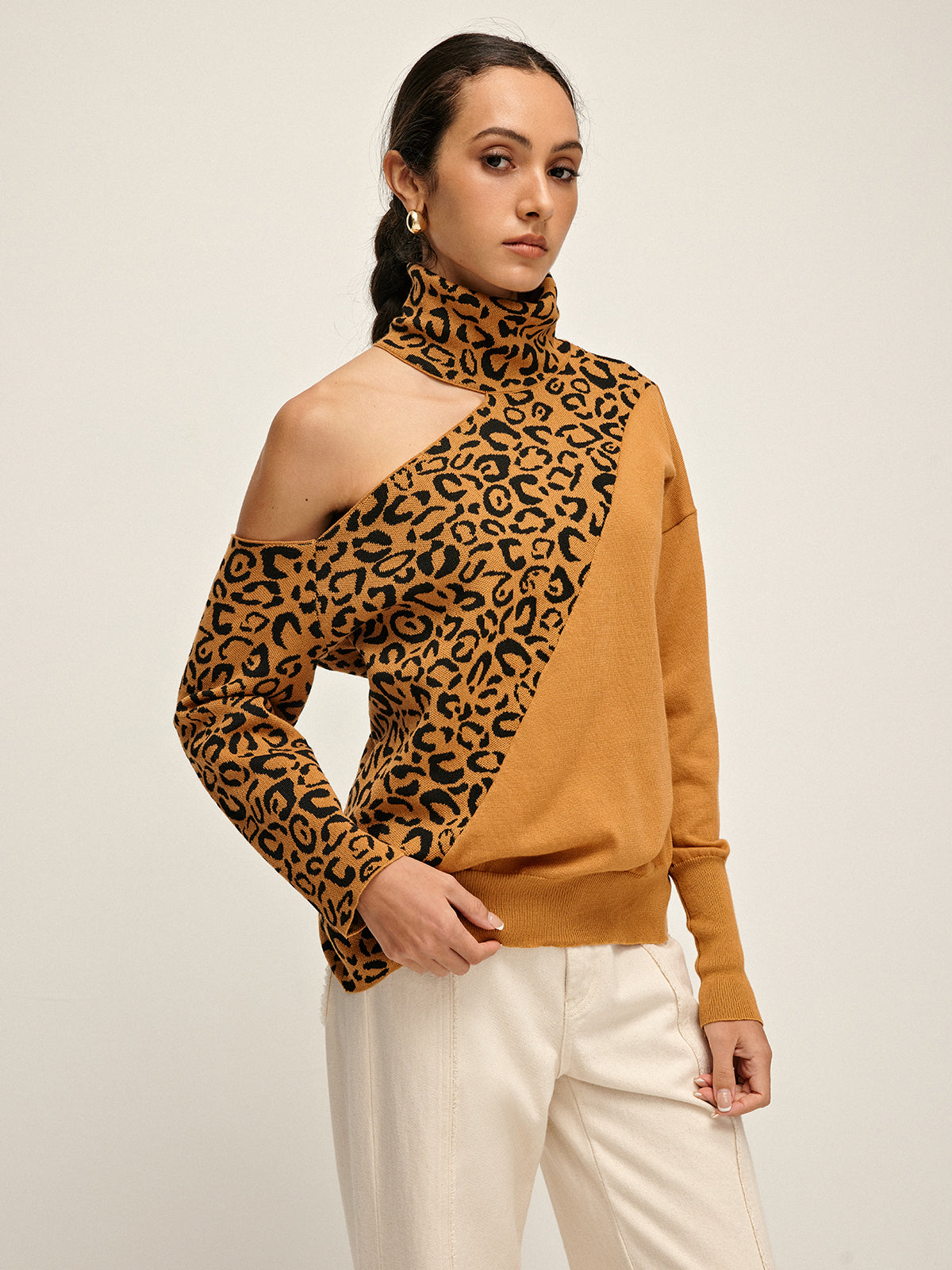 Turtleneck Cutout Leopard Patchwork Knit Top-Massicos