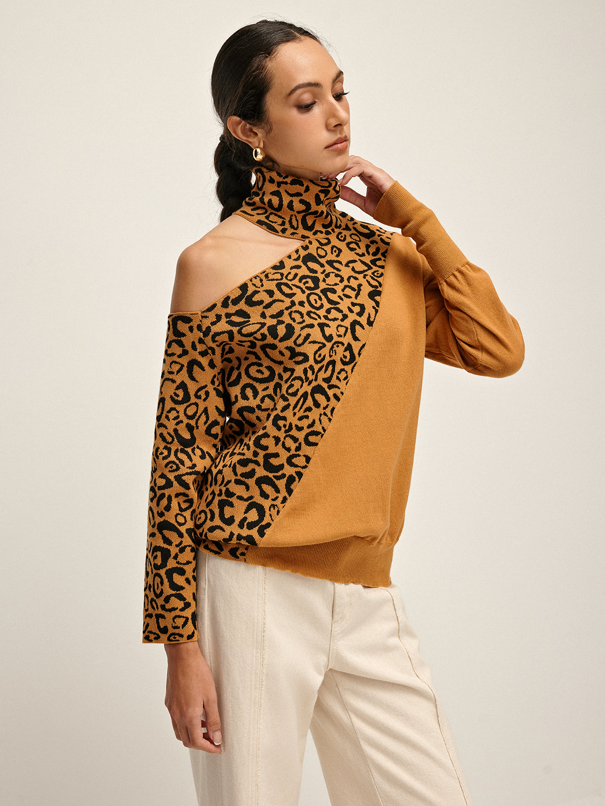 Turtleneck Cutout Leopard Patchwork Knit Top-Massicos