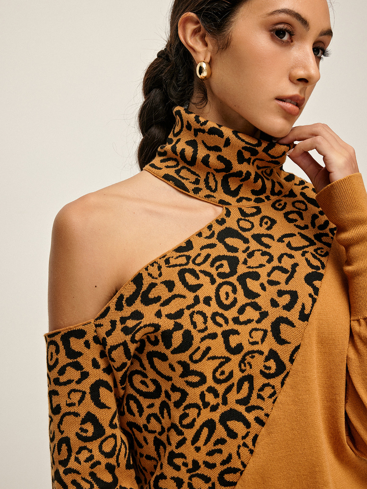 Turtleneck Cutout Leopard Patchwork Knit Top-Massicos