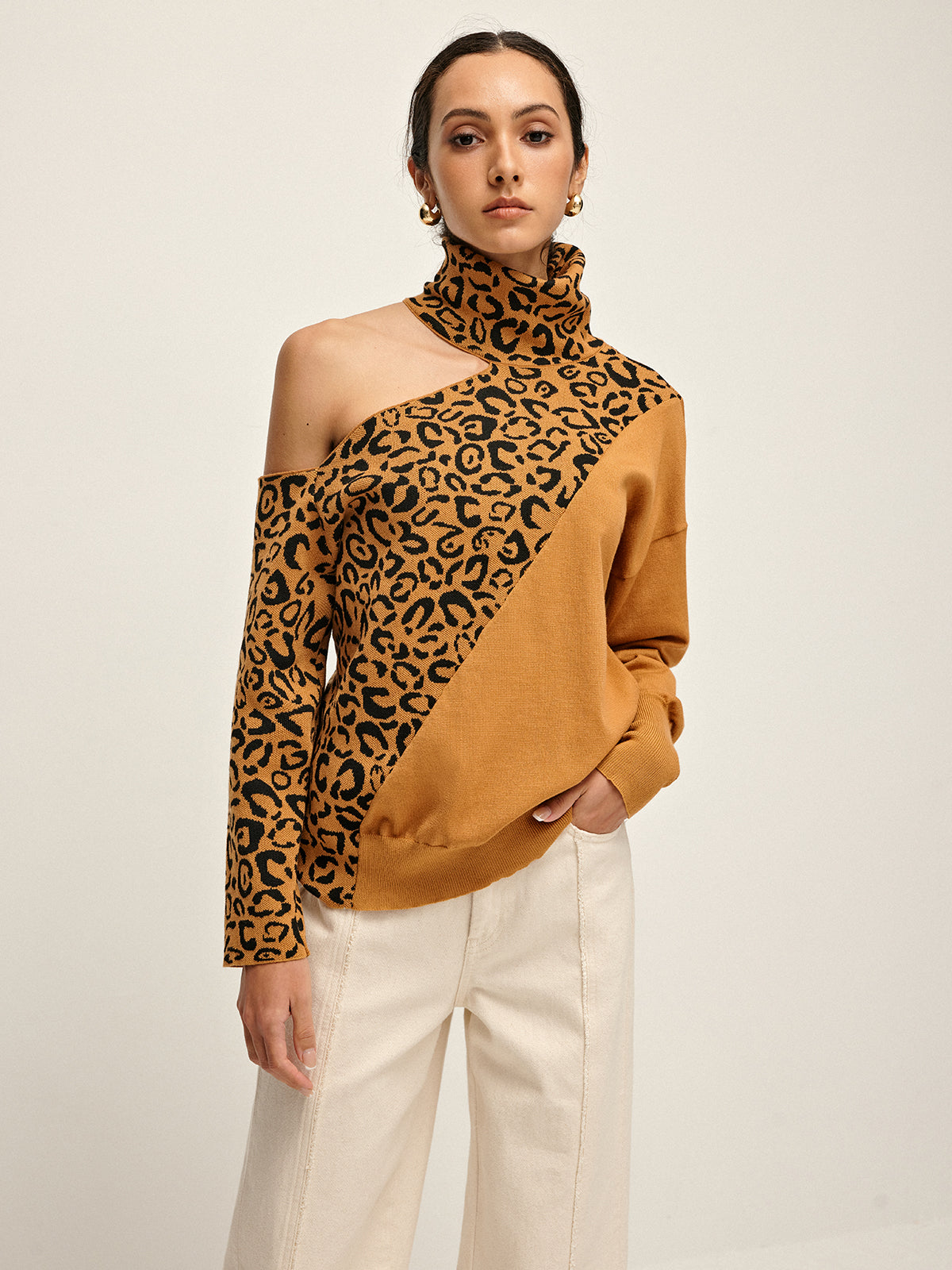 Turtleneck Cutout Leopard Patchwork Knit Top-Massicos