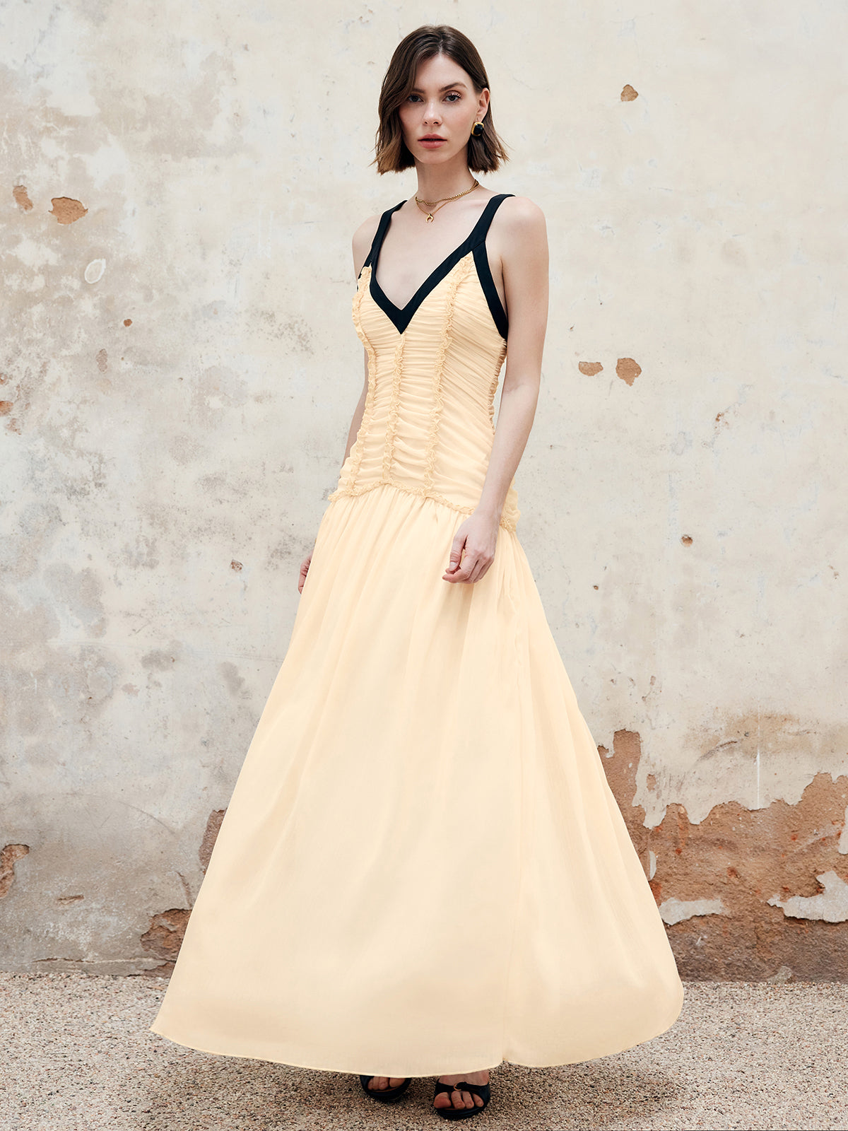 Contrast Binding Pleated Long Dress-Massicos