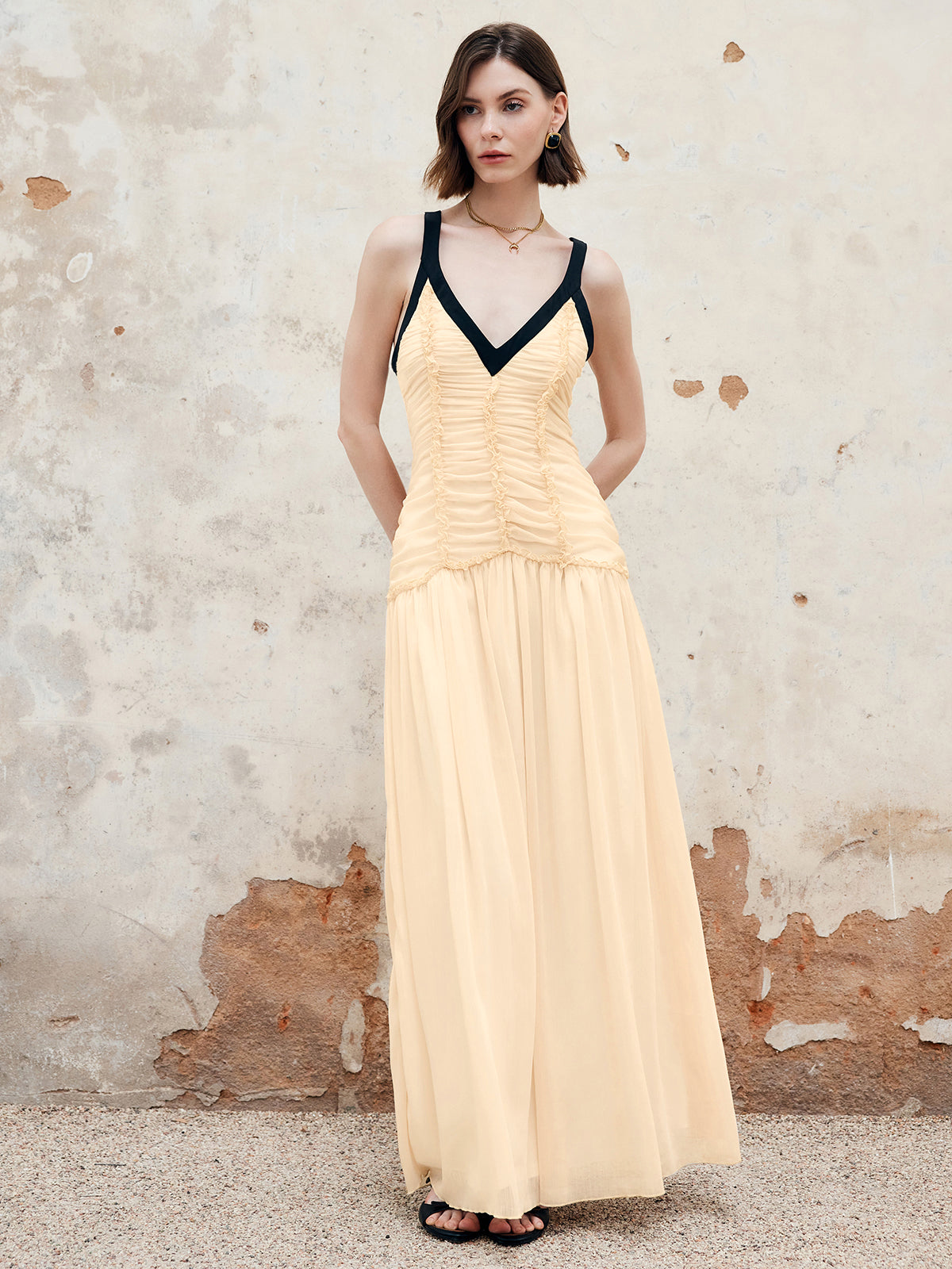 Contrast Binding Pleated Long Dress-Massicos