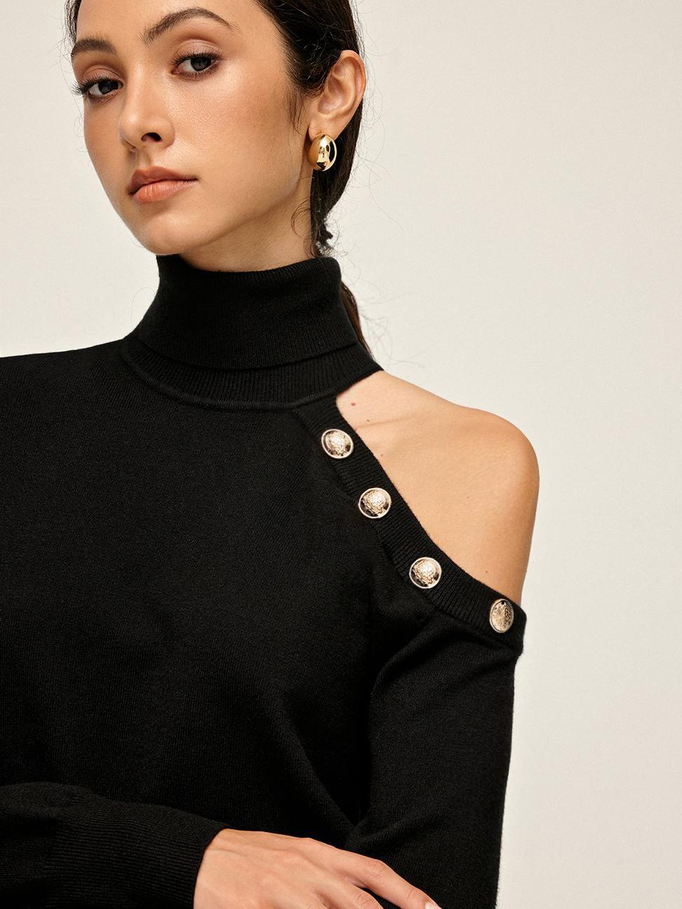 Turtleneck Asymmetrical One Shoulder Sweater-Massicos