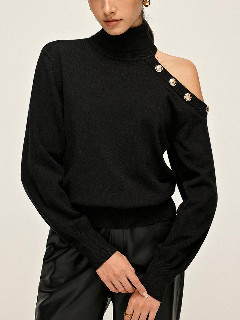 Turtleneck Asymmetrical One Shoulder Sweater-Massicos