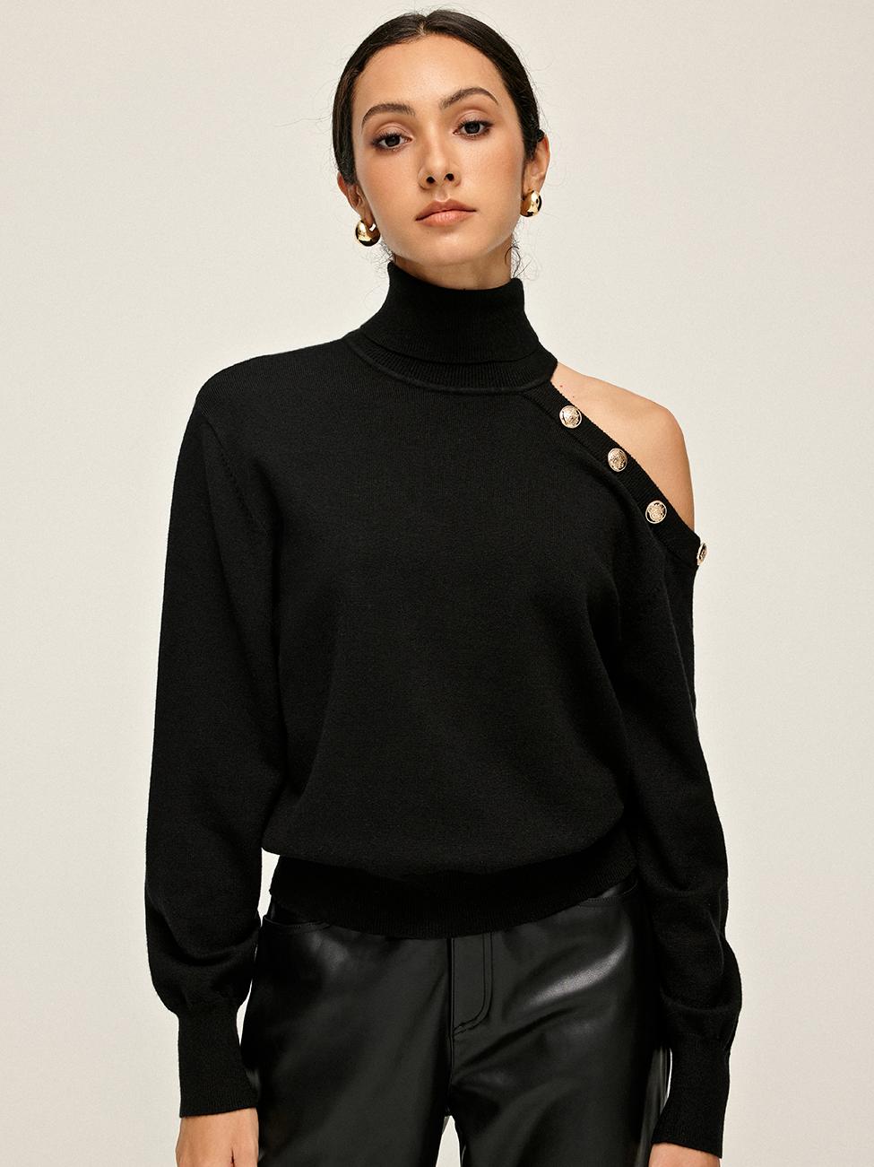 Turtleneck Asymmetrical One Shoulder Sweater-Massicos