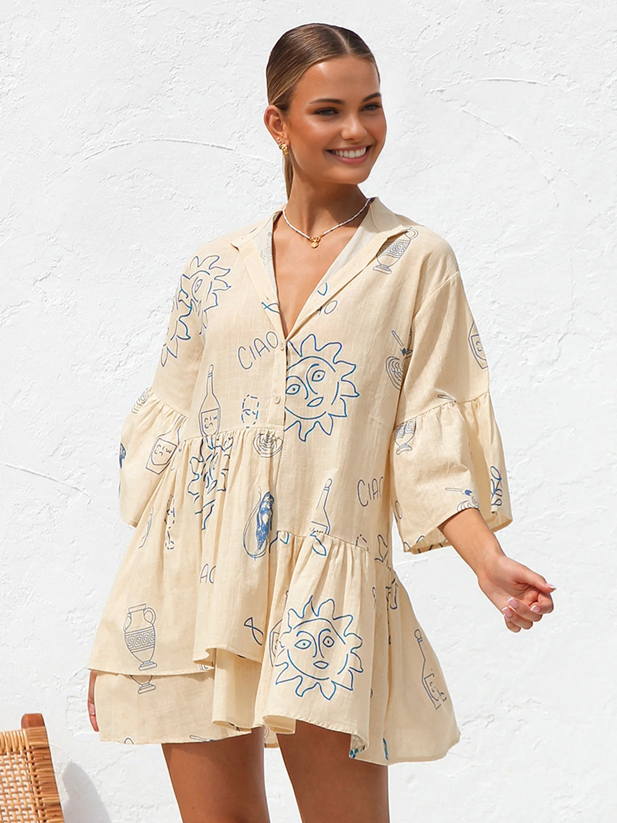 Oversized Sun Print Short Dress-Massicos