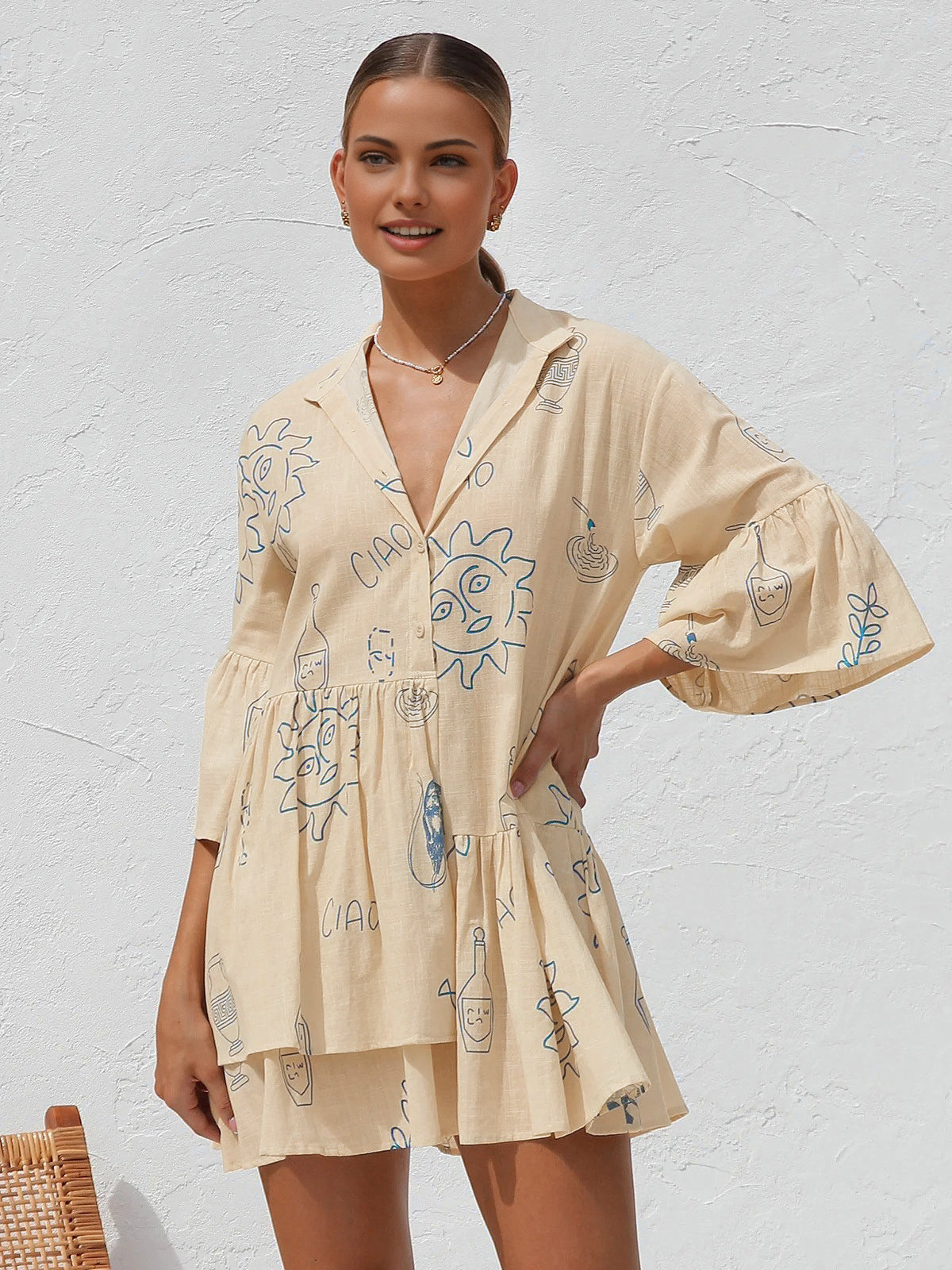 Oversized Sun Print Short Dress-Massicos