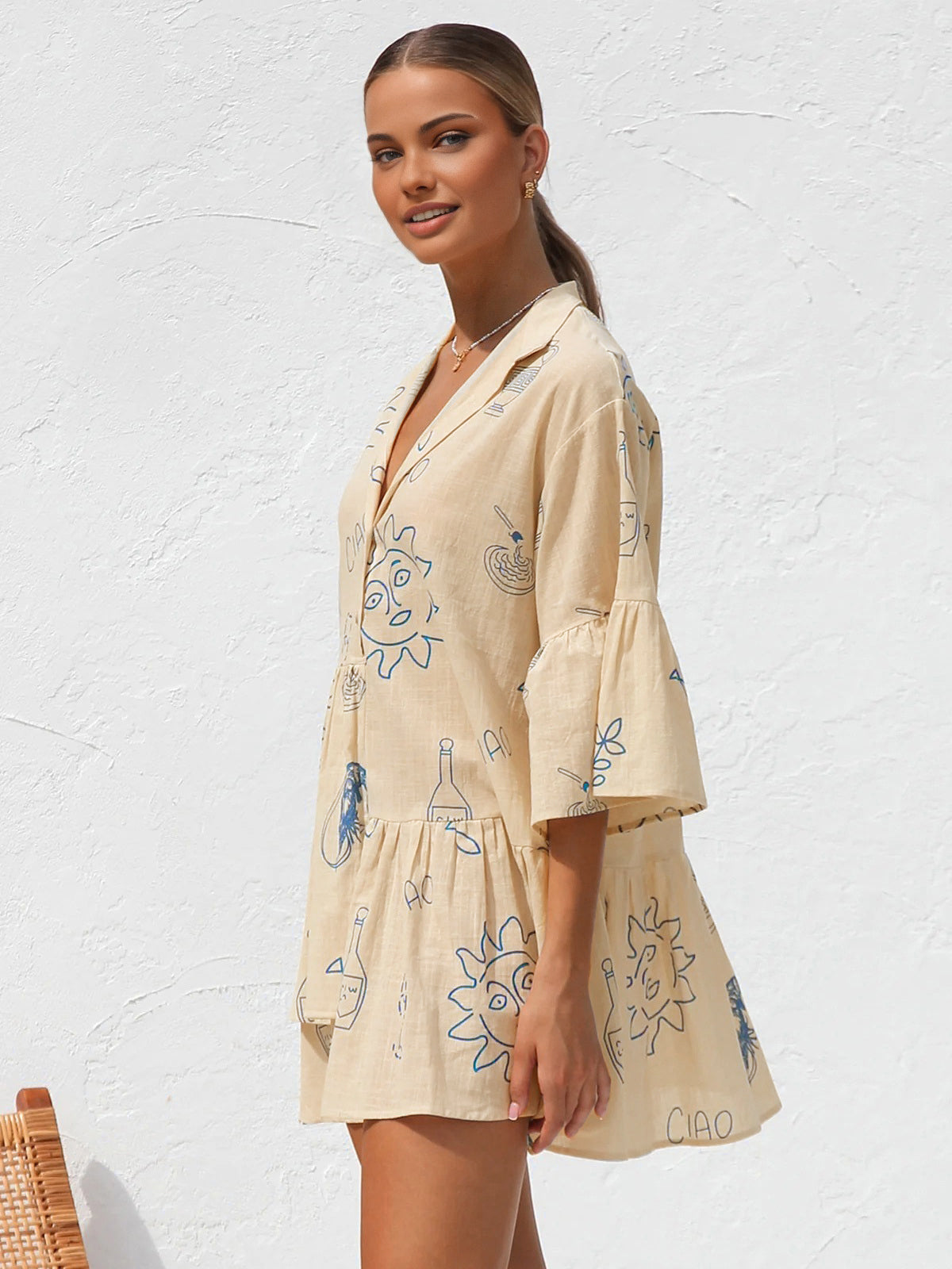 Oversized Sun Print Short Dress-Massicos