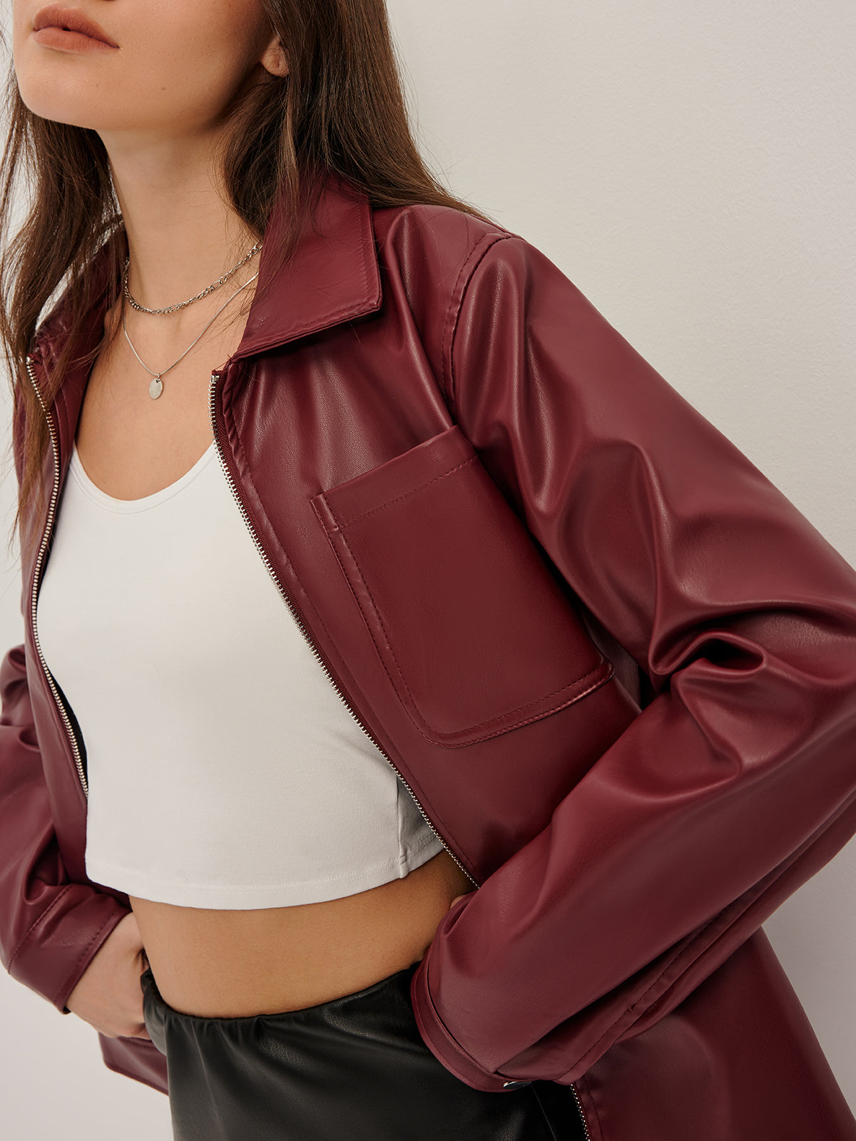 Lapel Zipper Faux Leather Jacket-Massicos