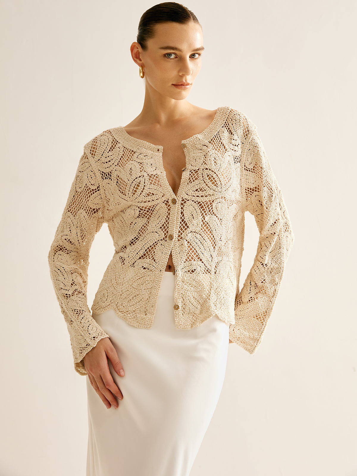Hollow Button Plisse Cardigan-Massicos