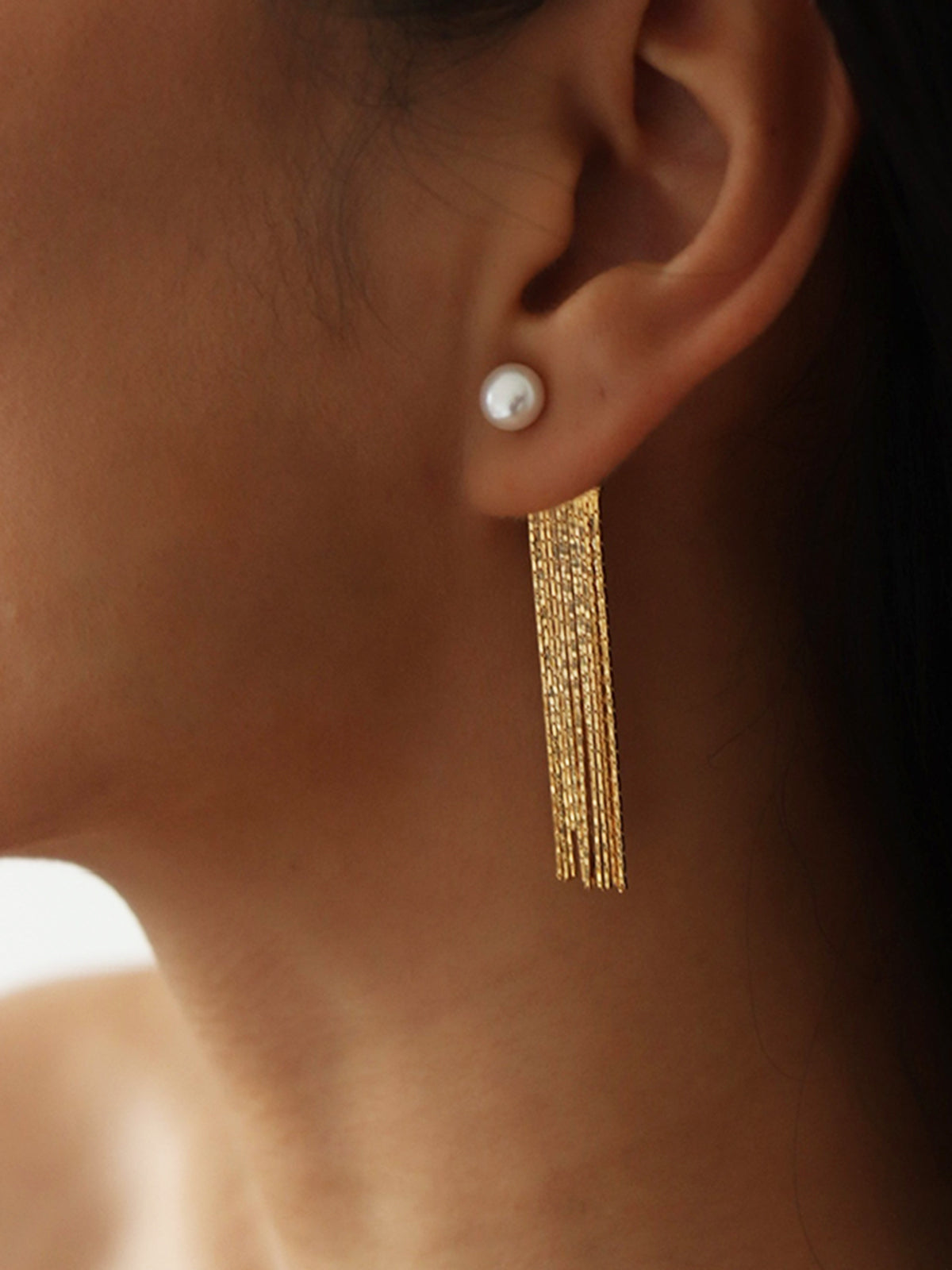 Golden Tassel Pearl Stud Earrings-Massicos