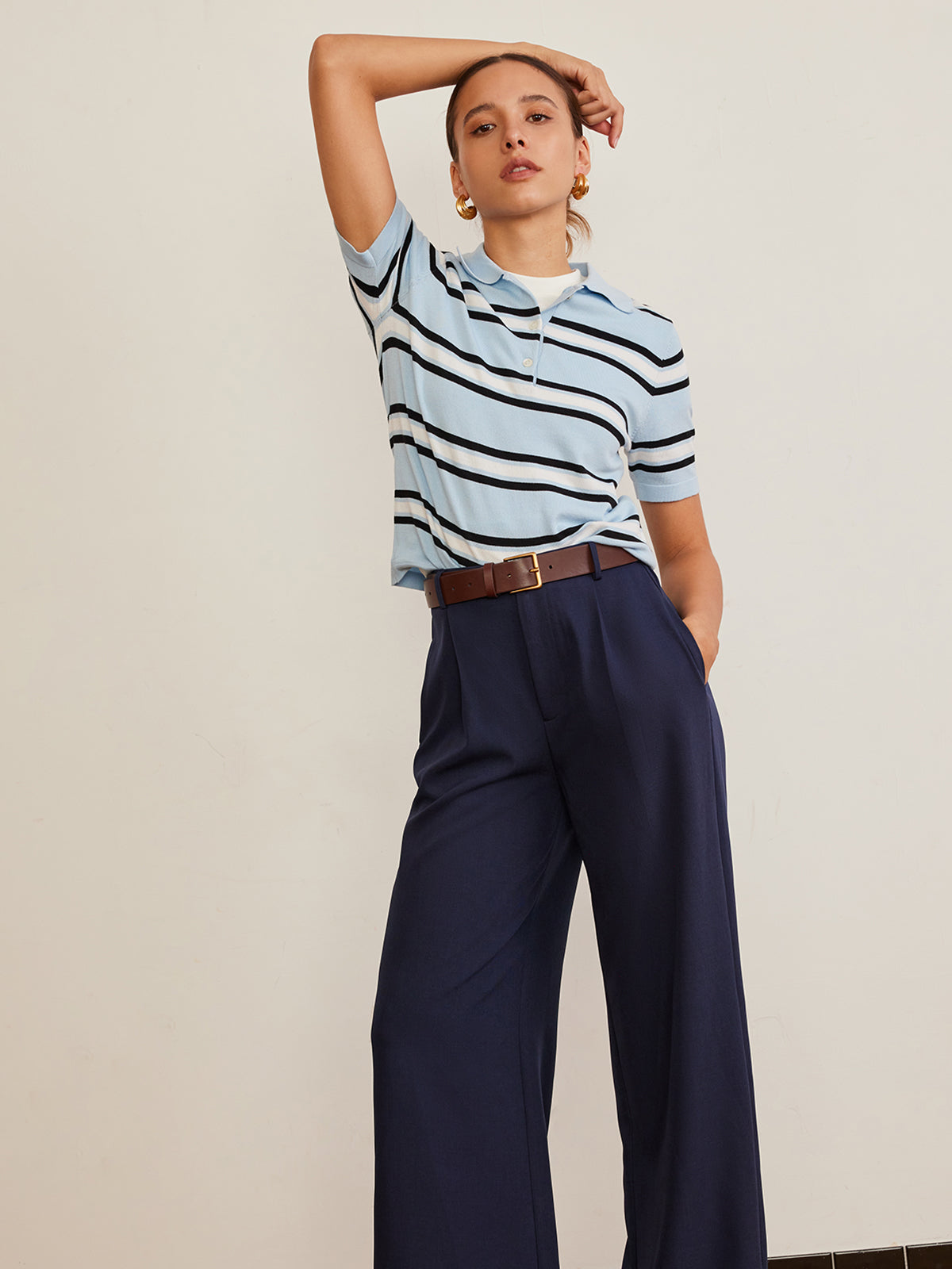 Lapel Striped Knit Top-Massicos