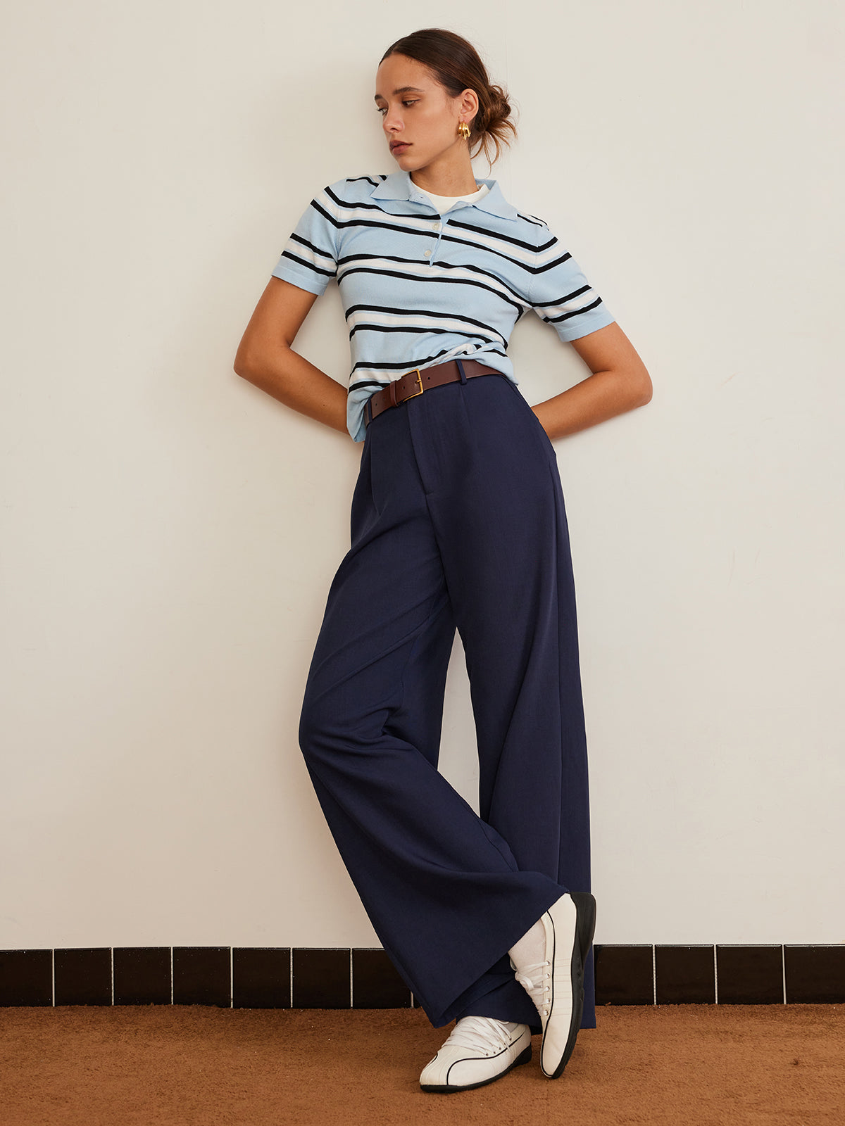 Lapel Striped Knit Top-Massicos