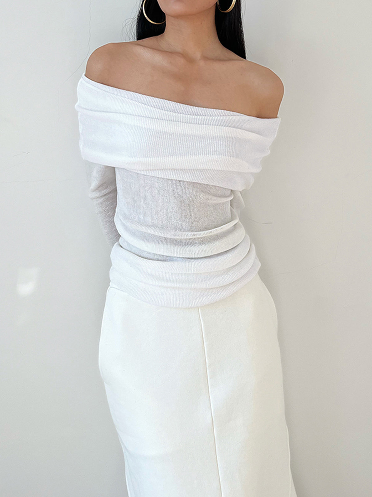 Semi-Sheer Overfold Off-Shoulder Shirt-Massicos