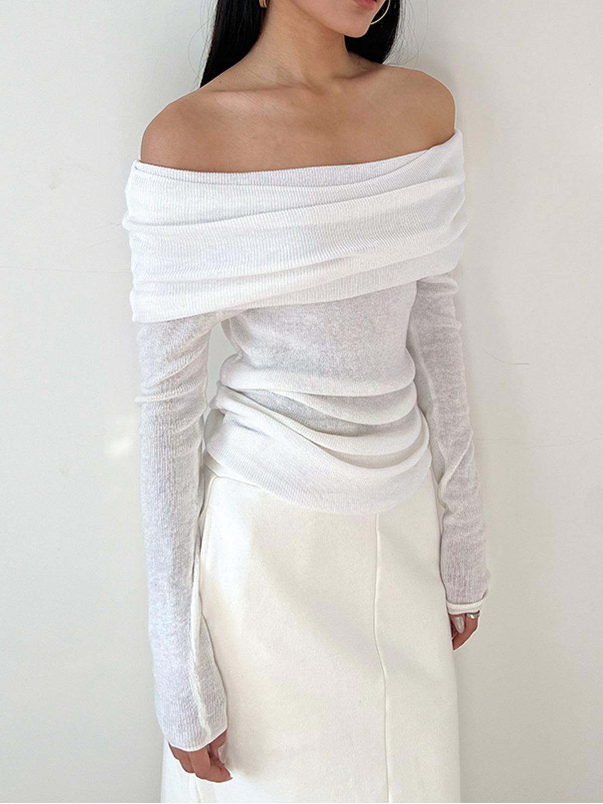 Semi-Sheer Overfold Off-Shoulder Shirt-Massicos