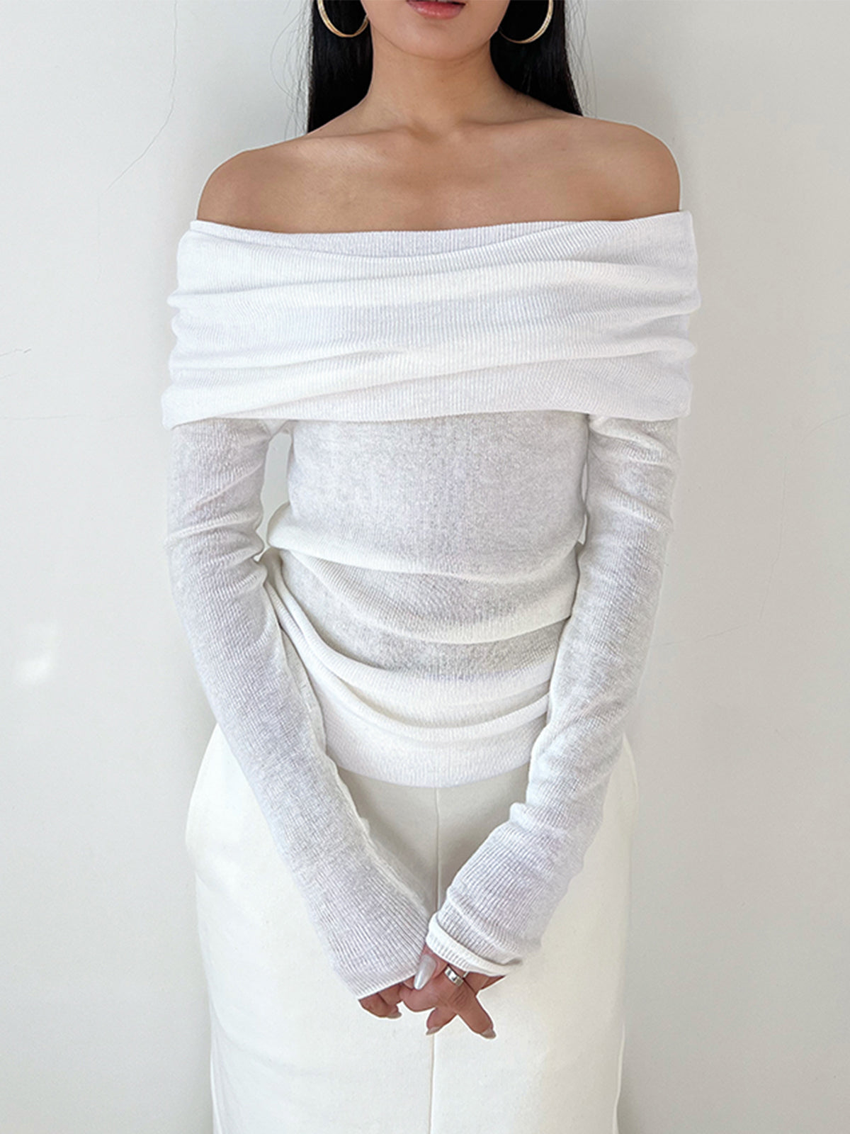 Semi-Sheer Overfold Off-Shoulder Shirt-Massicos