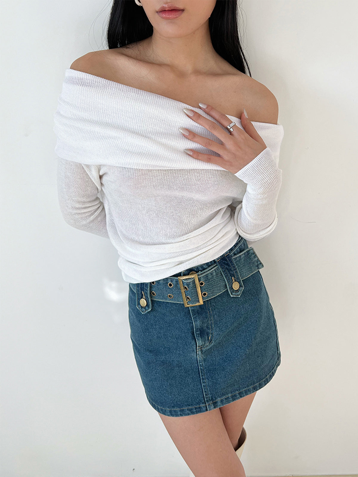 Semi-Sheer Overfold Off-Shoulder Shirt-Massicos