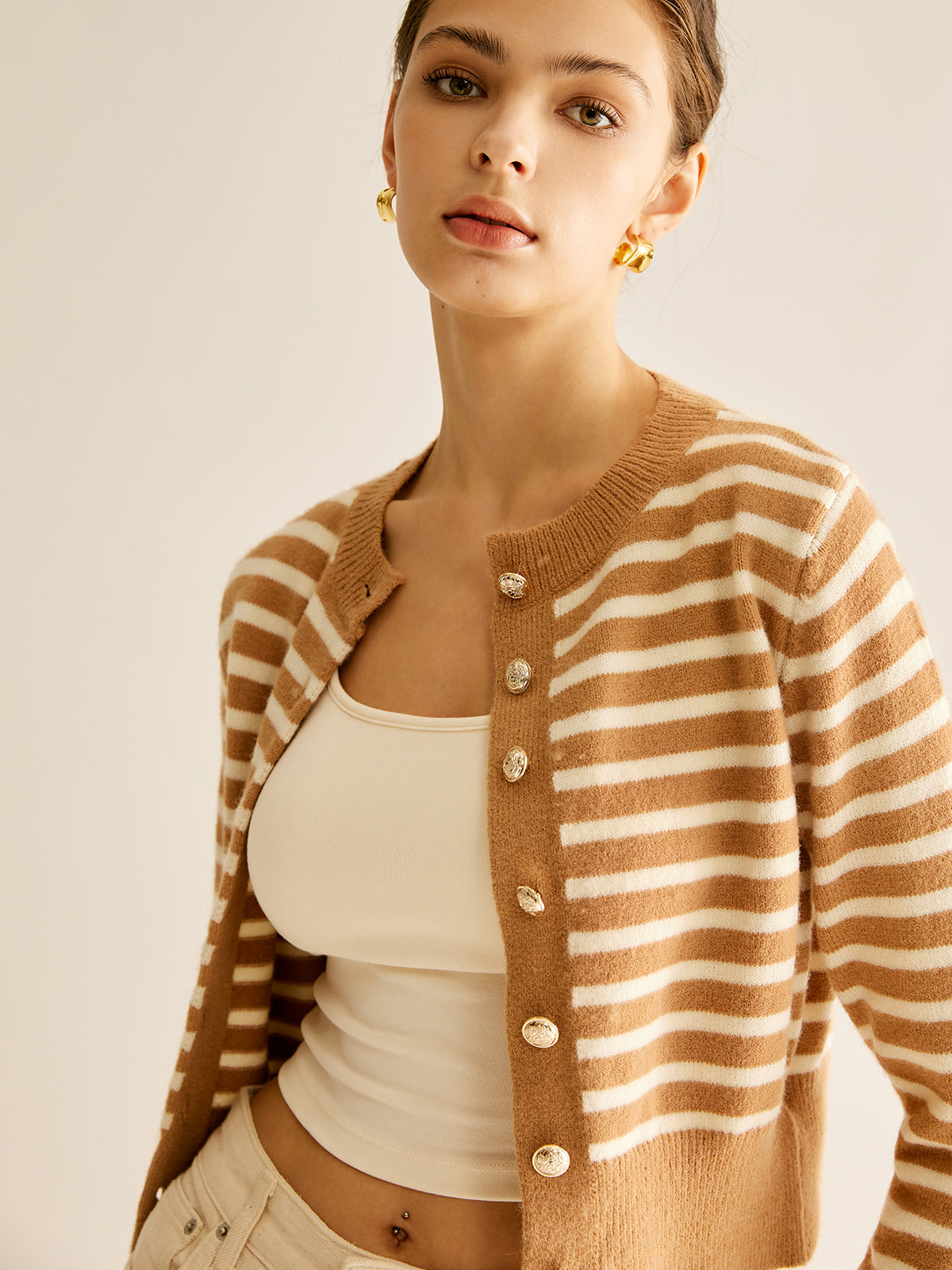 Round Neck Striped Cardigan-Massicos