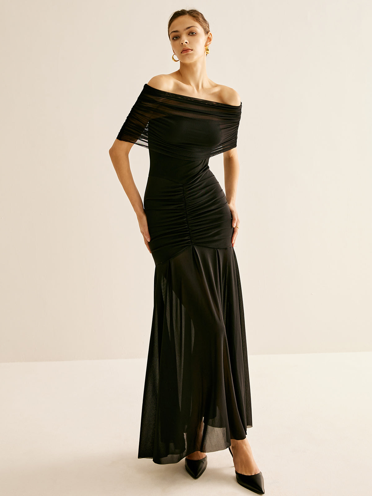 Pleated Mesh Tube Dress With Shawl-Massicos