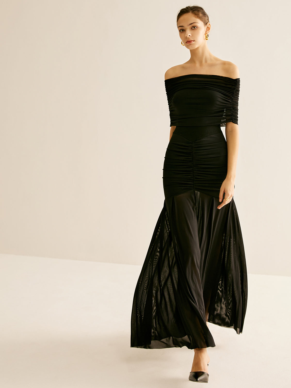 Pleated Mesh Tube Dress With Shawl-Massicos
