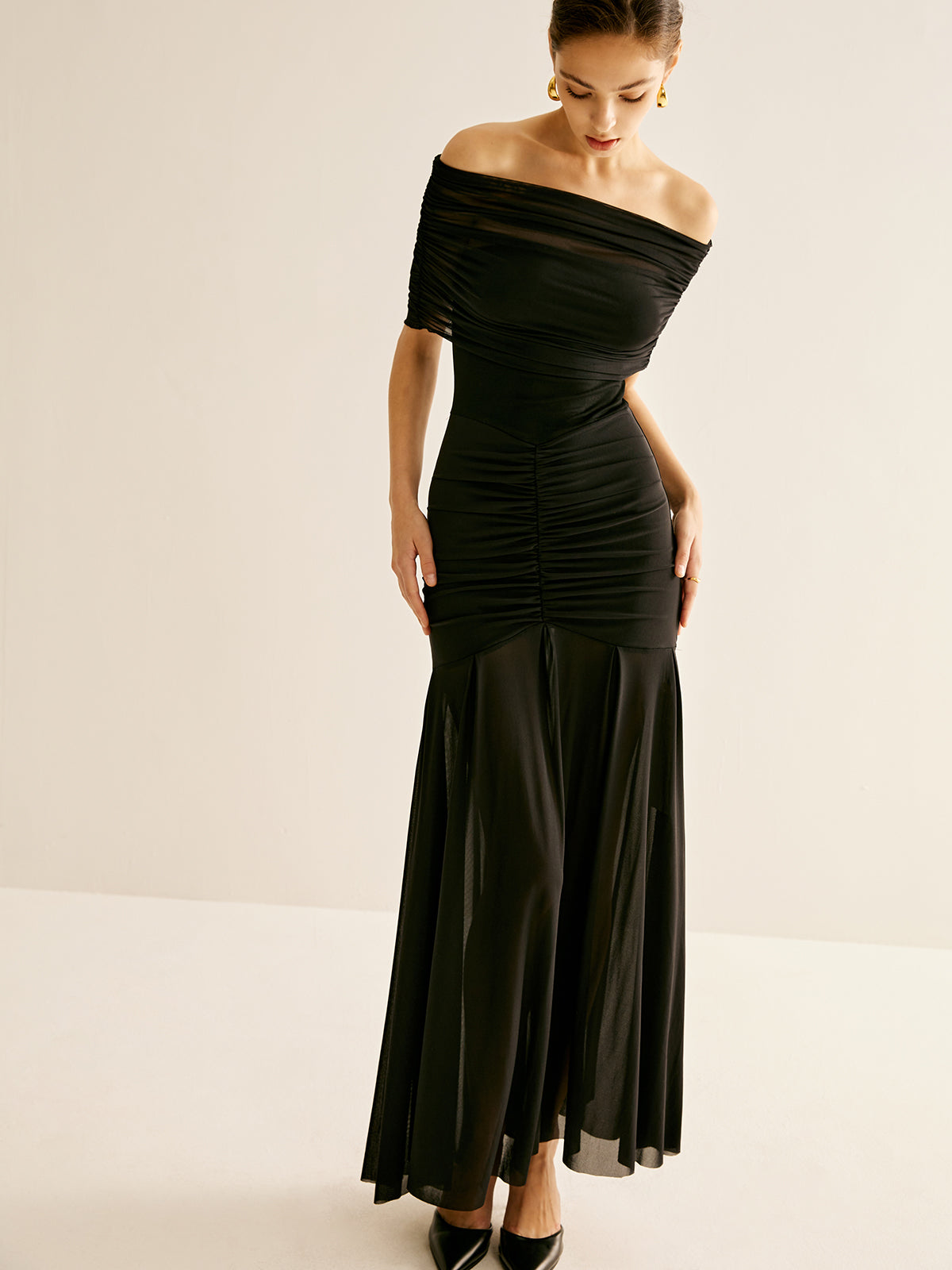 Pleated Mesh Tube Dress With Shawl-Massicos