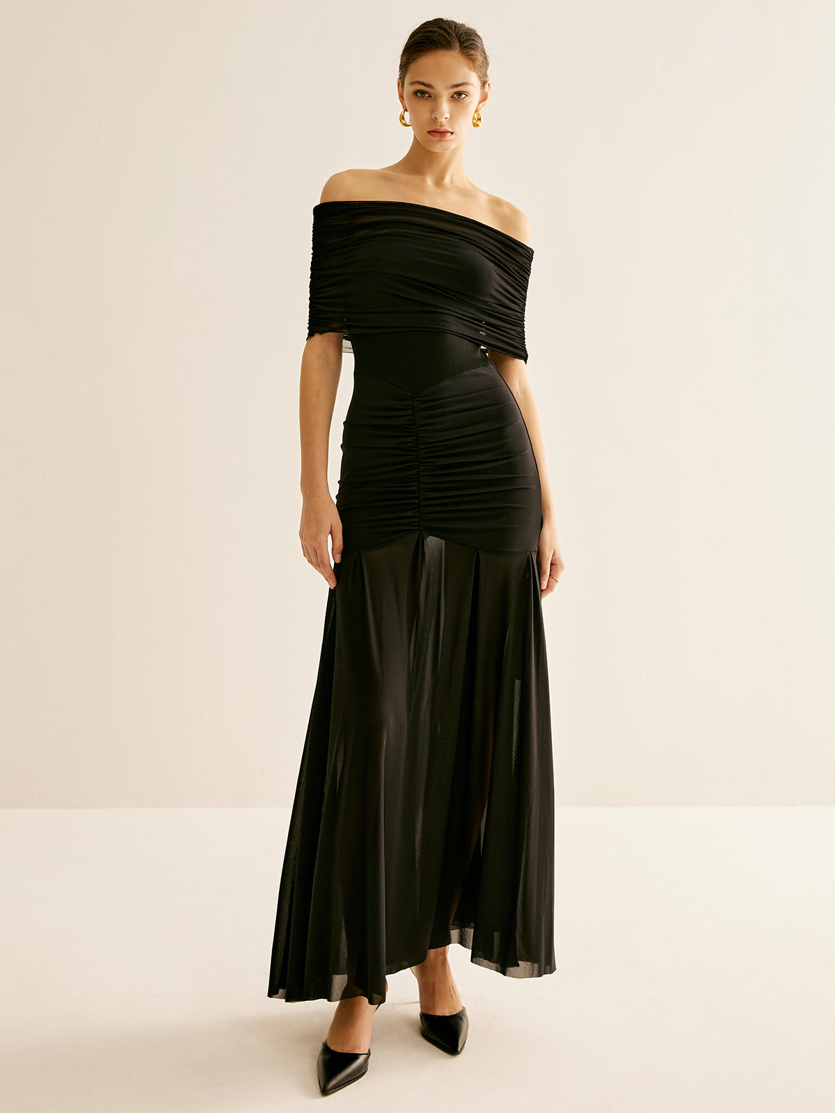 Pleated Mesh Tube Dress With Shawl-Massicos