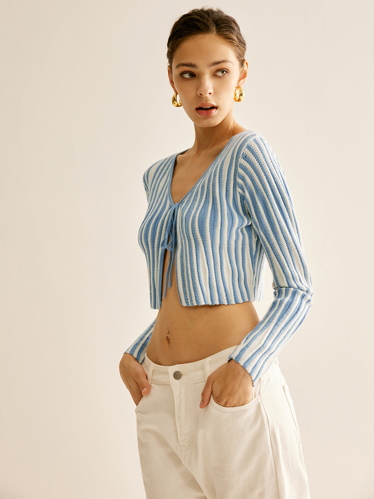 Pinstripe Lace Up Knit Cardigan-Massicos