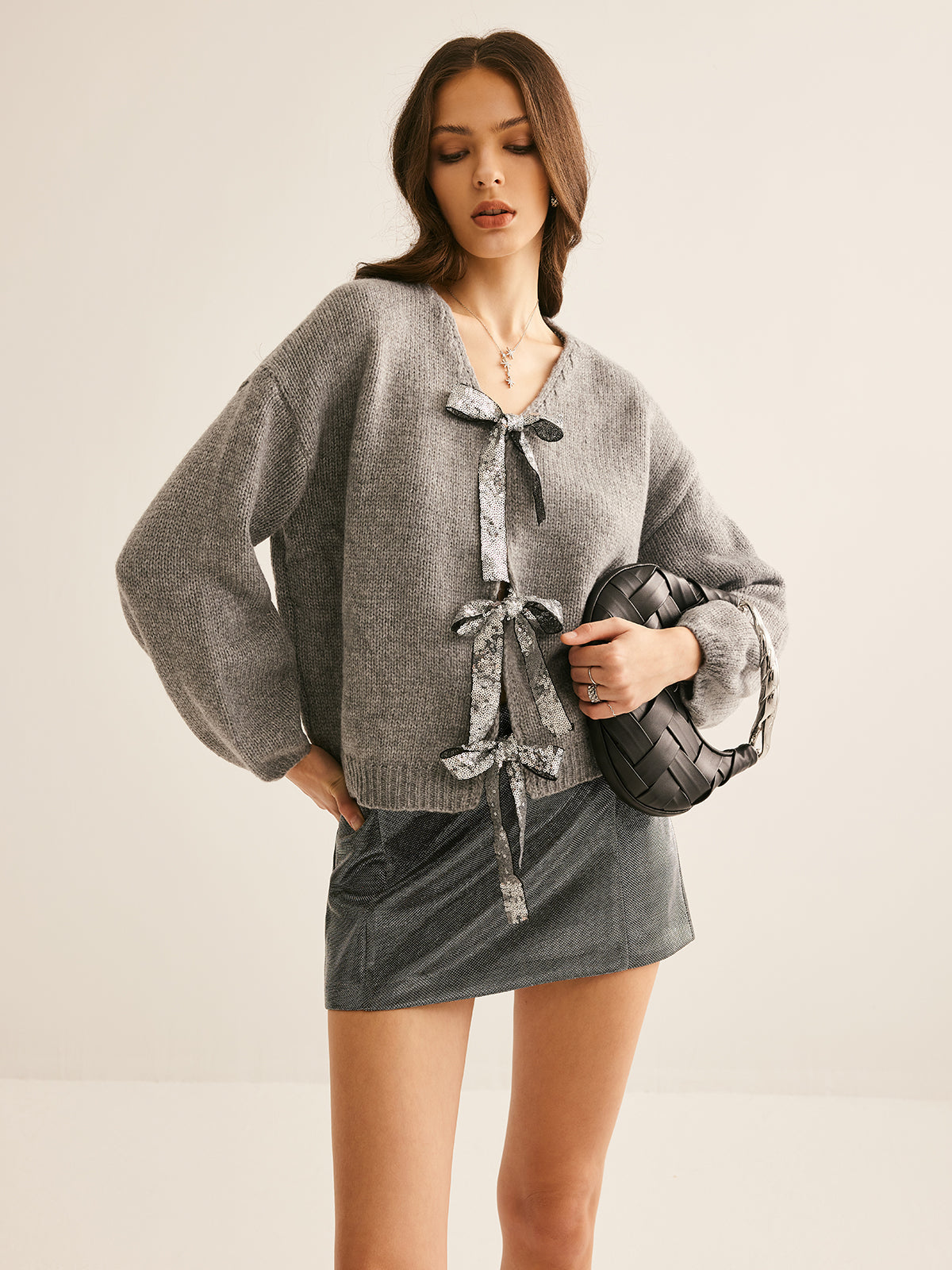 V-Neck Bow Knotted Cardigan-Massicos