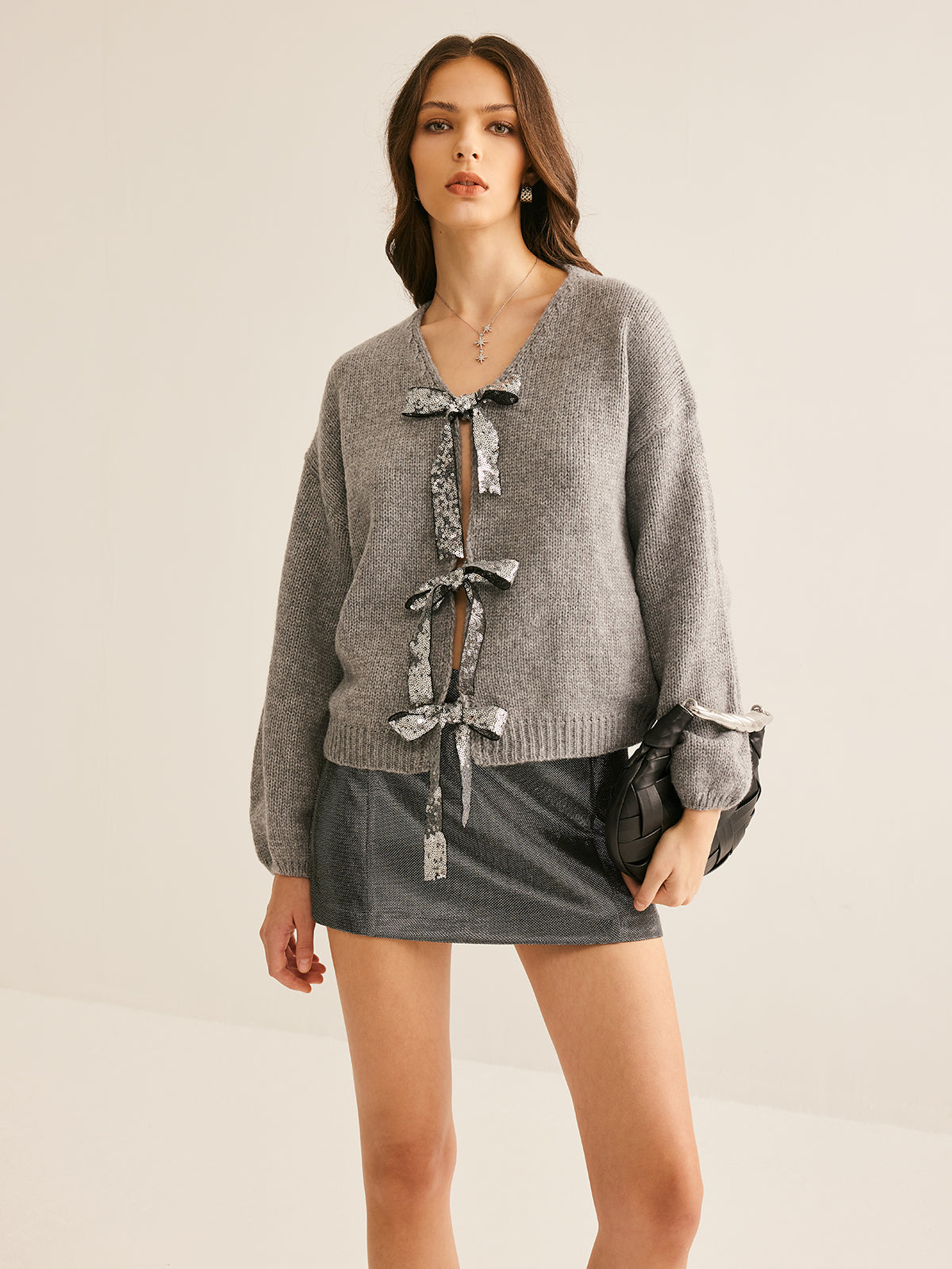 V-Neck Bow Knotted Cardigan-Massicos
