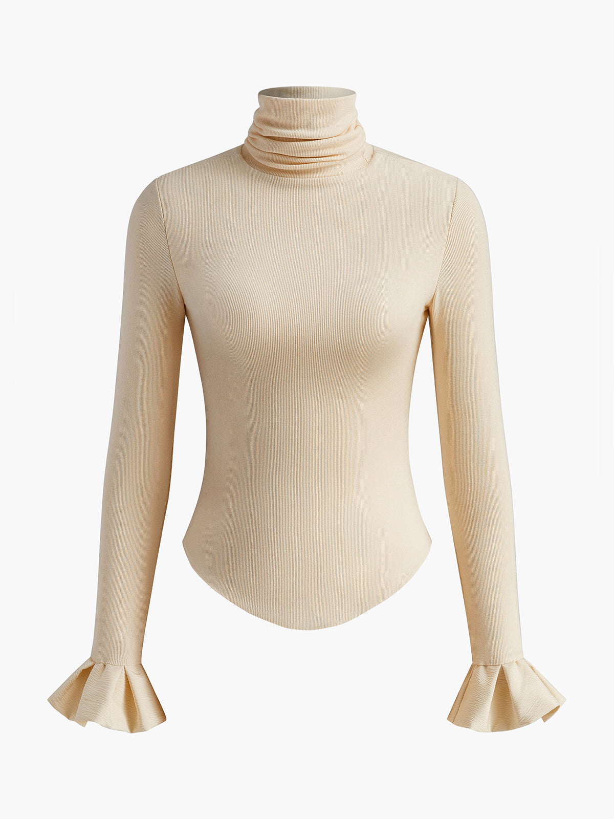 Turtleneck Ribbed Ruffle Sleeve T-Shirt-Massicos