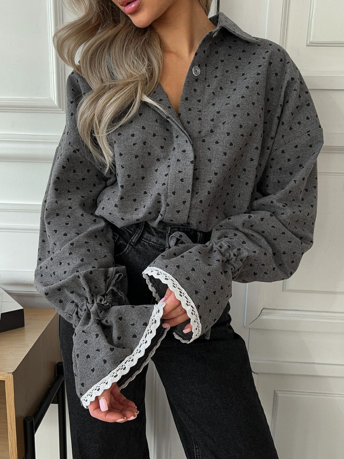 Women Heart Print Button Down Shirt-Massicos