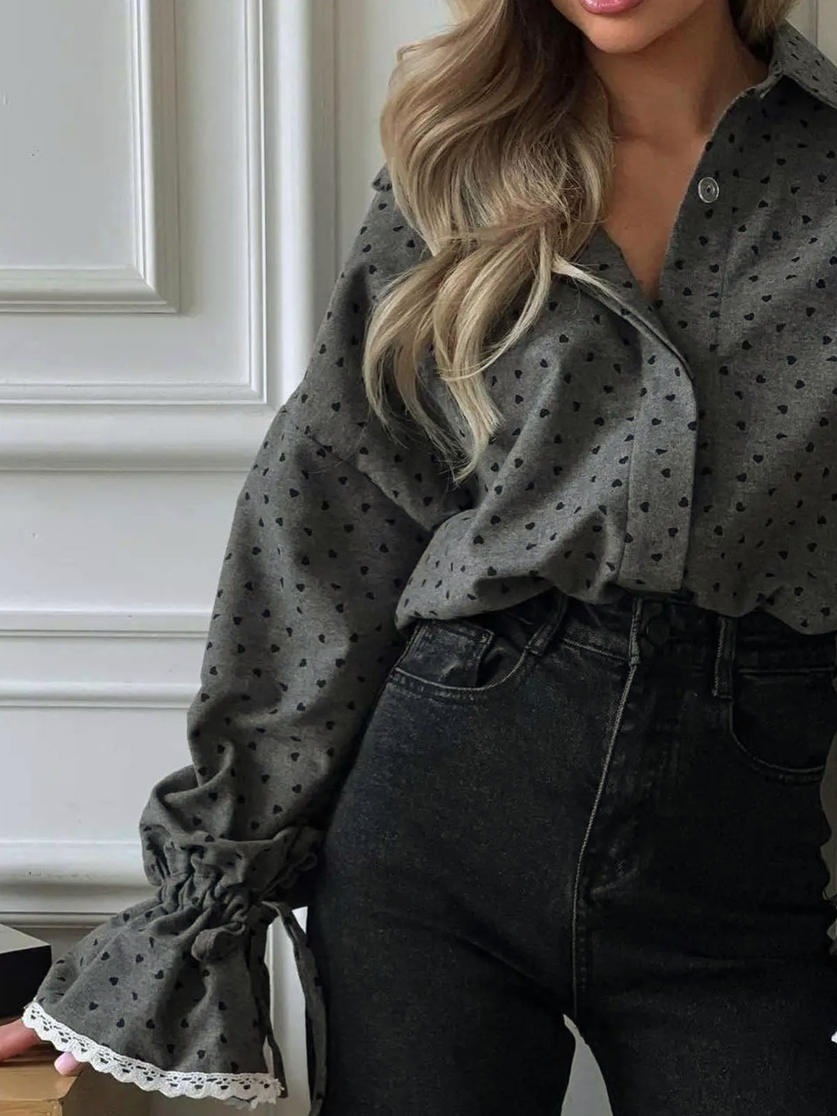 Women Heart Print Button Down Shirt-Massicos