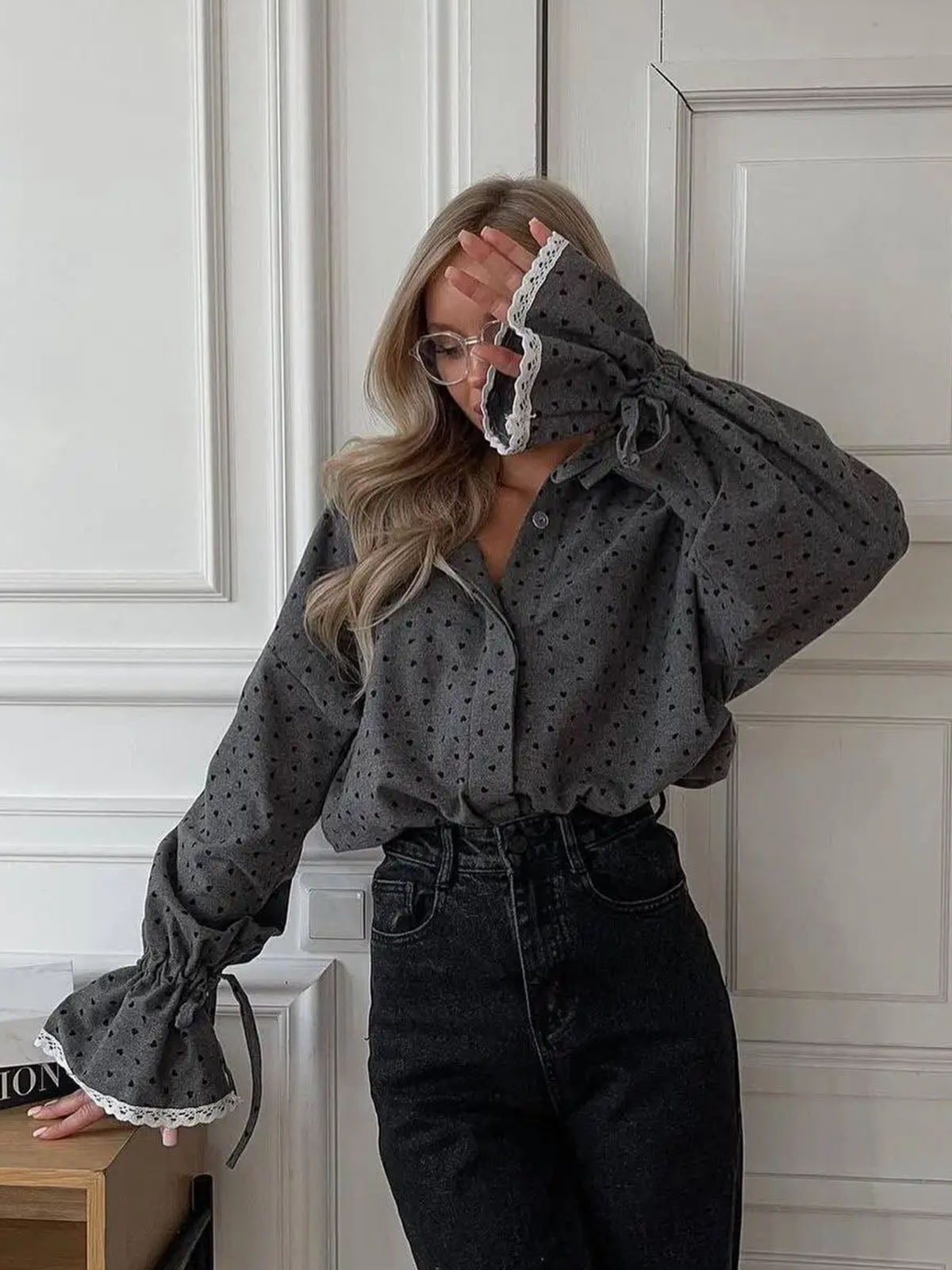 Women Heart Print Button Down Shirt-Massicos