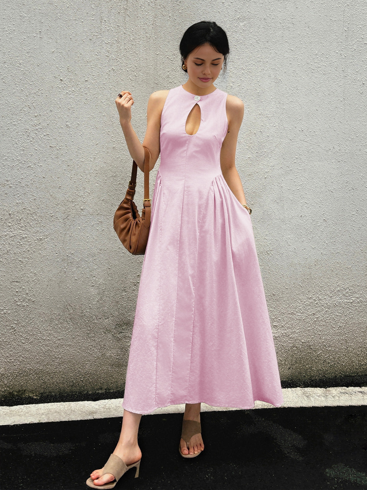 Cotton & Linen Pleated Cutout Long Dress-Massicos