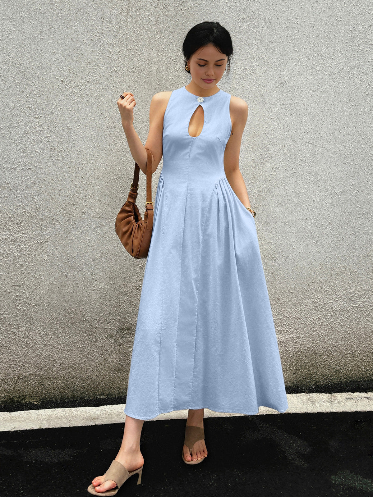 Cotton & Linen Pleated Cutout Long Dress-Massicos