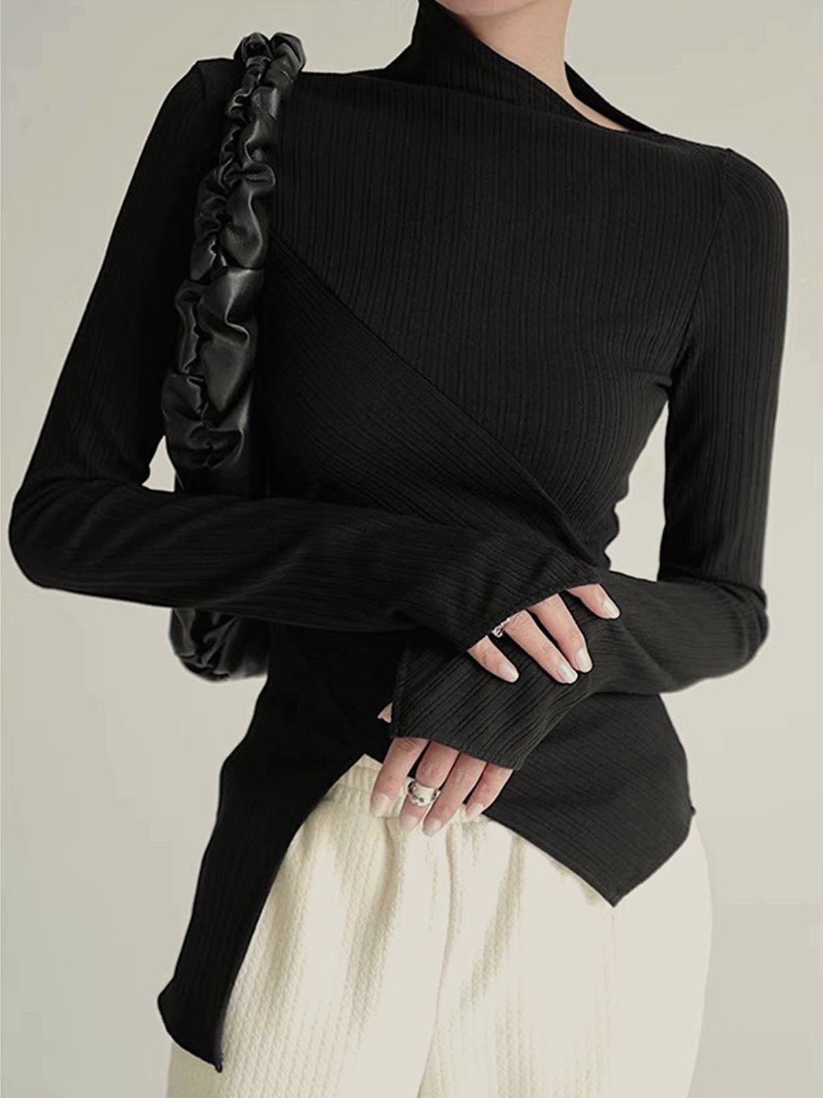 Asymmetrical Long Sleeve Slim Top-Massicos