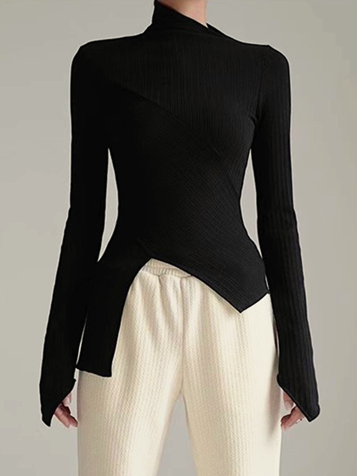 Asymmetrical Long Sleeve Slim Top-Massicos