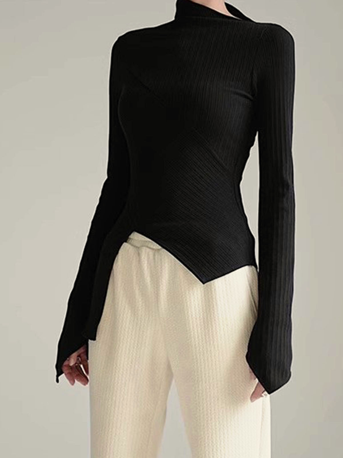 Asymmetrical Long Sleeve Slim Top-Massicos