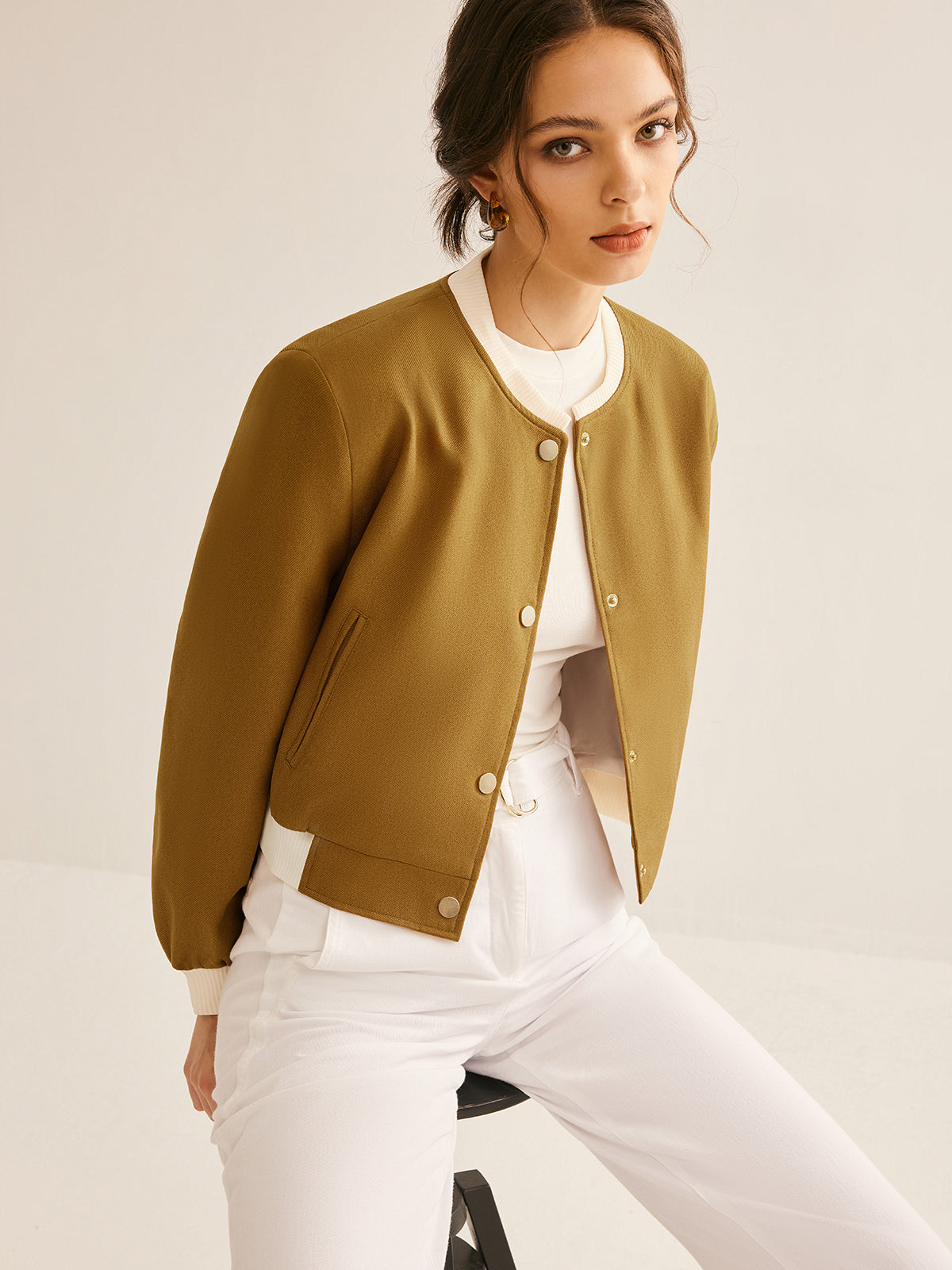 Oversized Crew Neck Contrast Trim Button Jacket-Massicos
