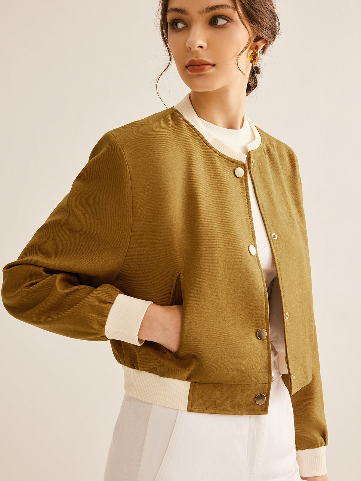 Oversized Crew Neck Contrast Trim Button Jacket-Massicos