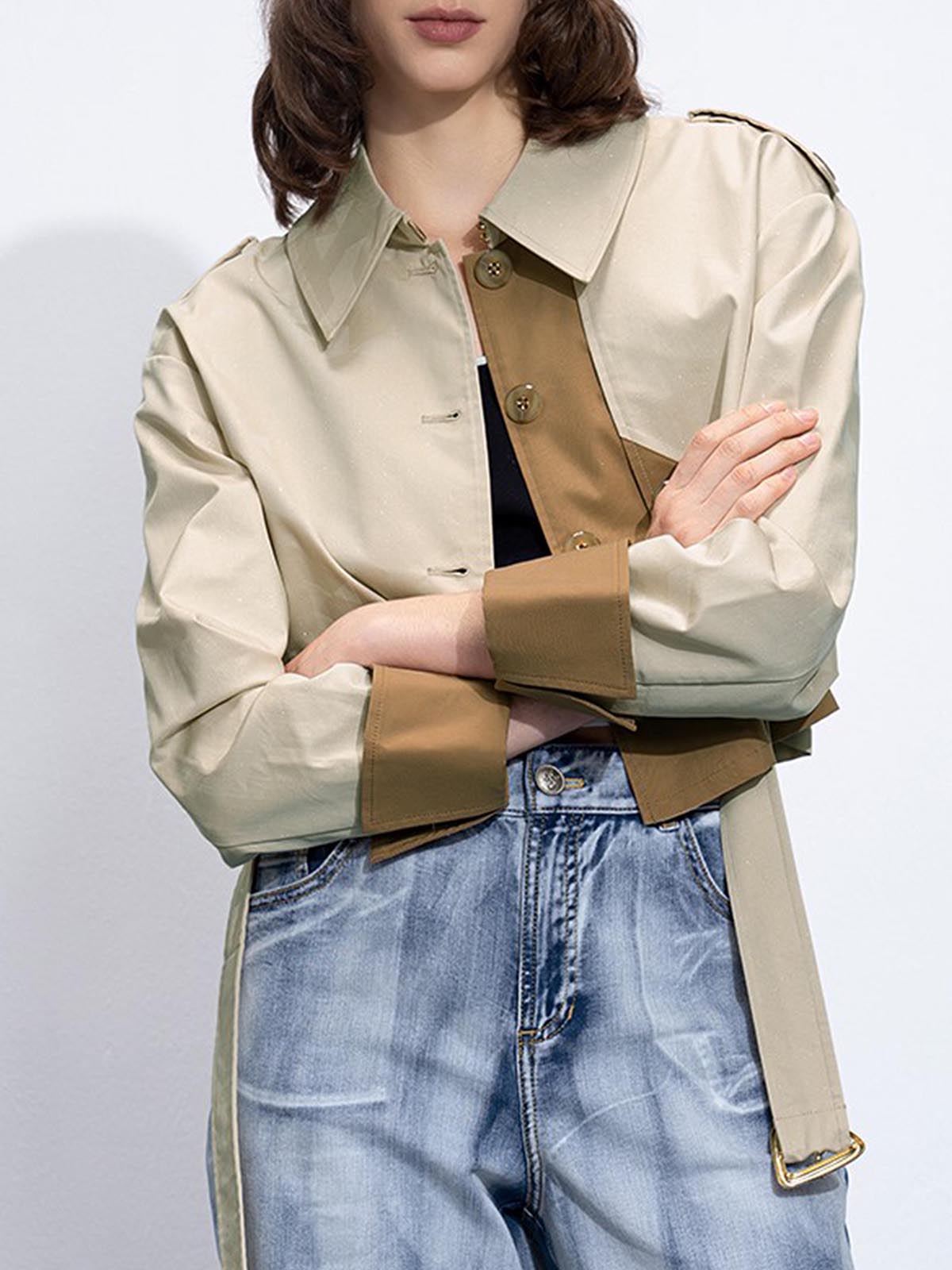 Two Tone Buckle Belted Trench Coat-Massicos