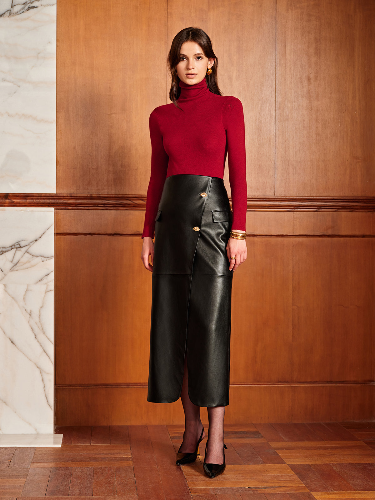 Slit PU Leather Straight Skirt-Massicos