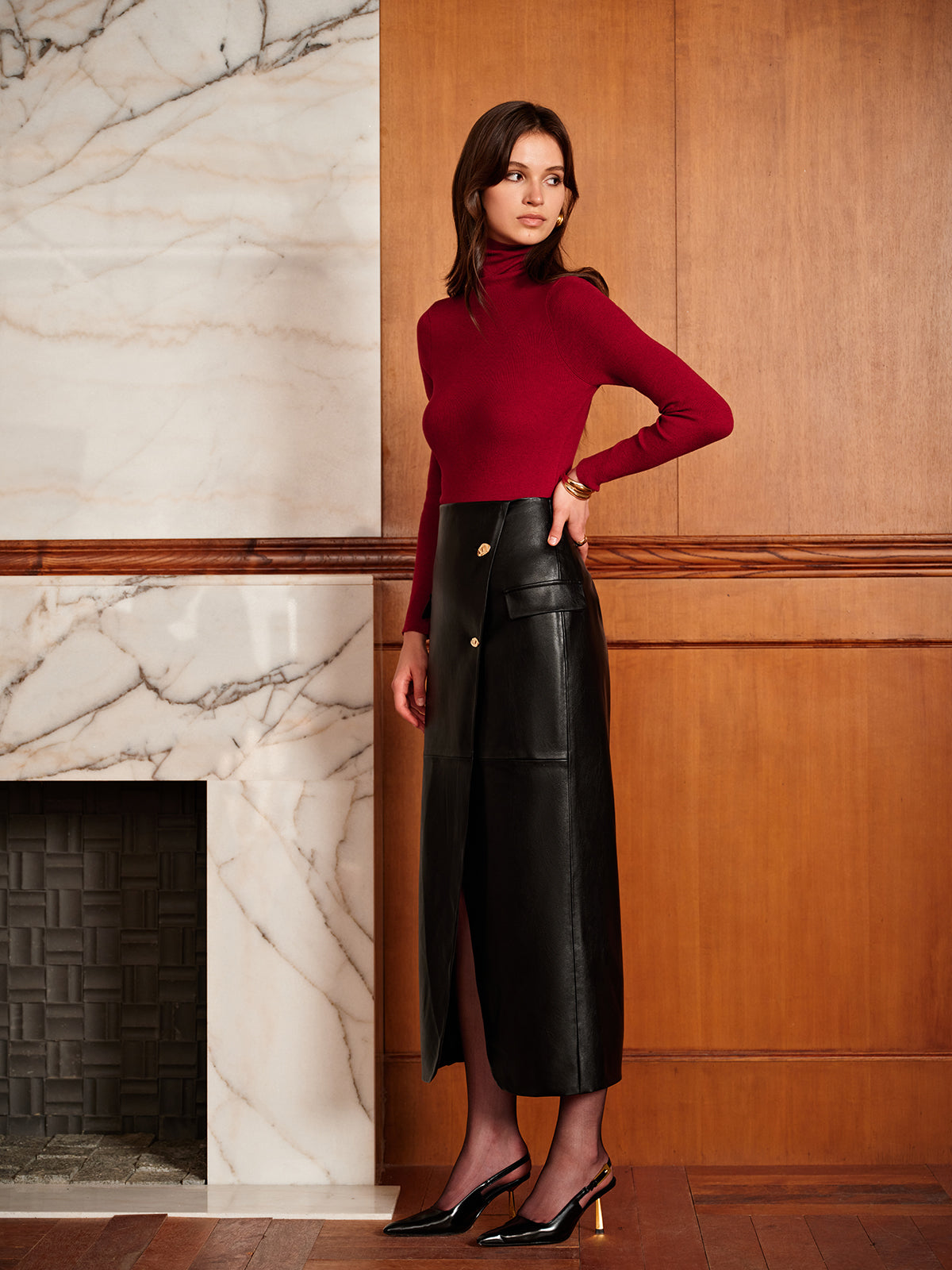 Slit PU Leather Straight Skirt-Massicos