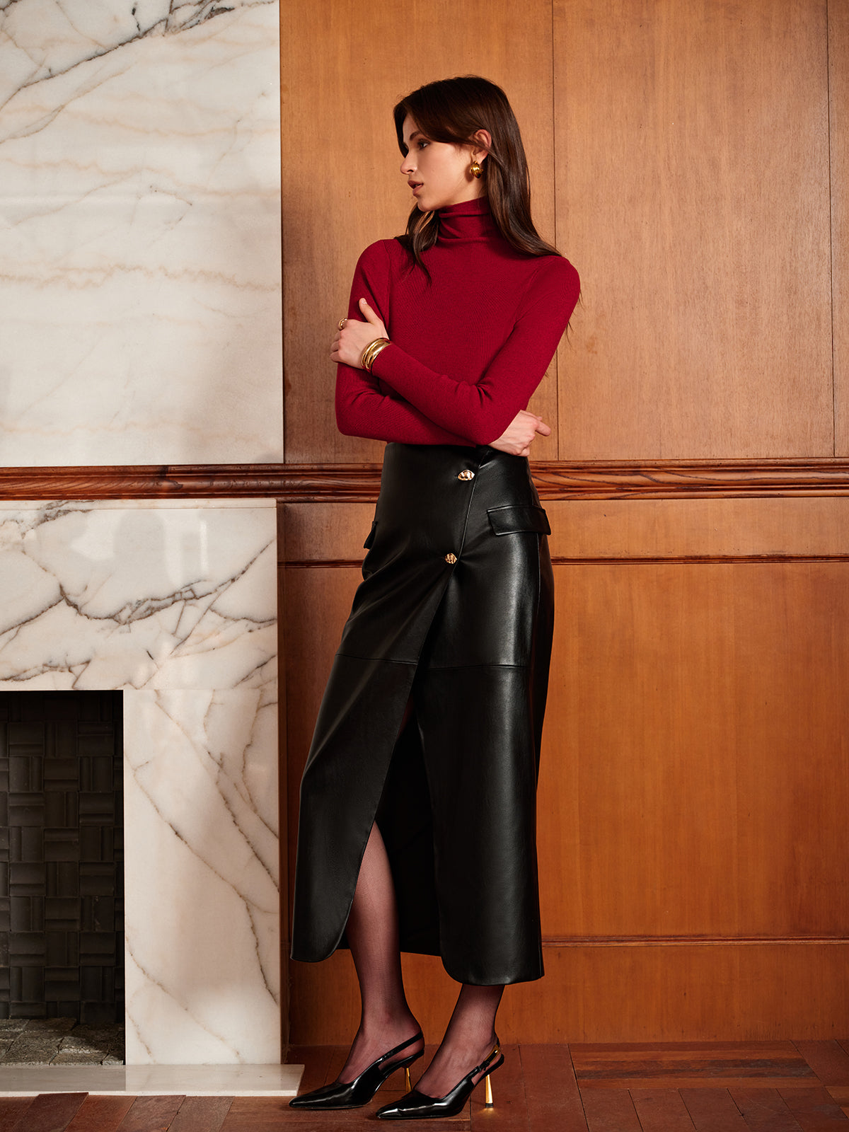 Slit PU Leather Straight Skirt-Massicos