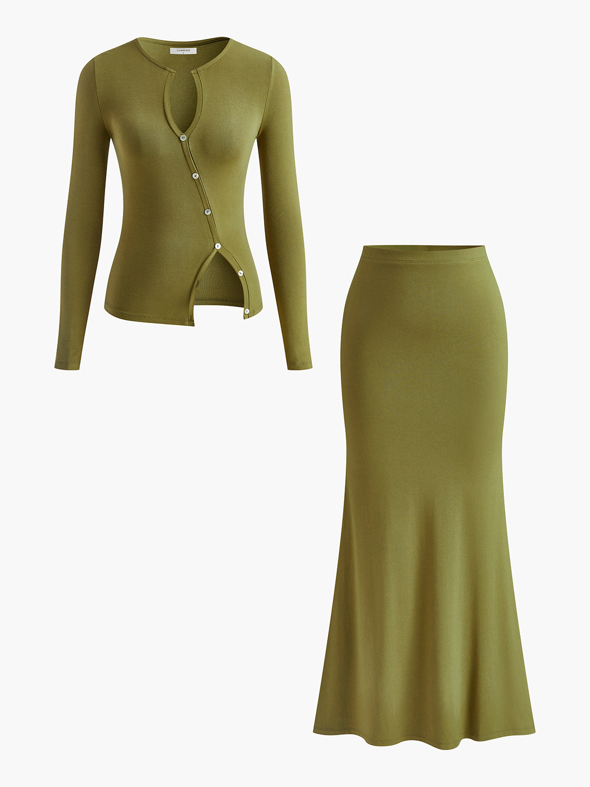 Slit Button Fishtail Skirt Set-Massicos