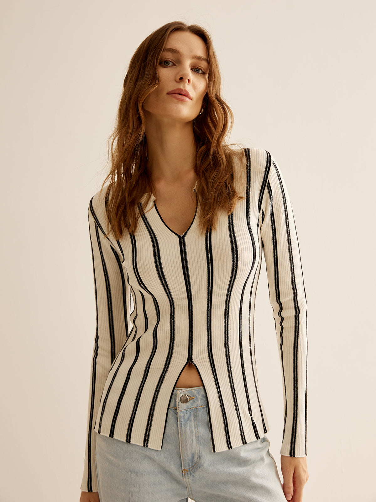 Split Pinstripe Slim Knit Top-Massicos
