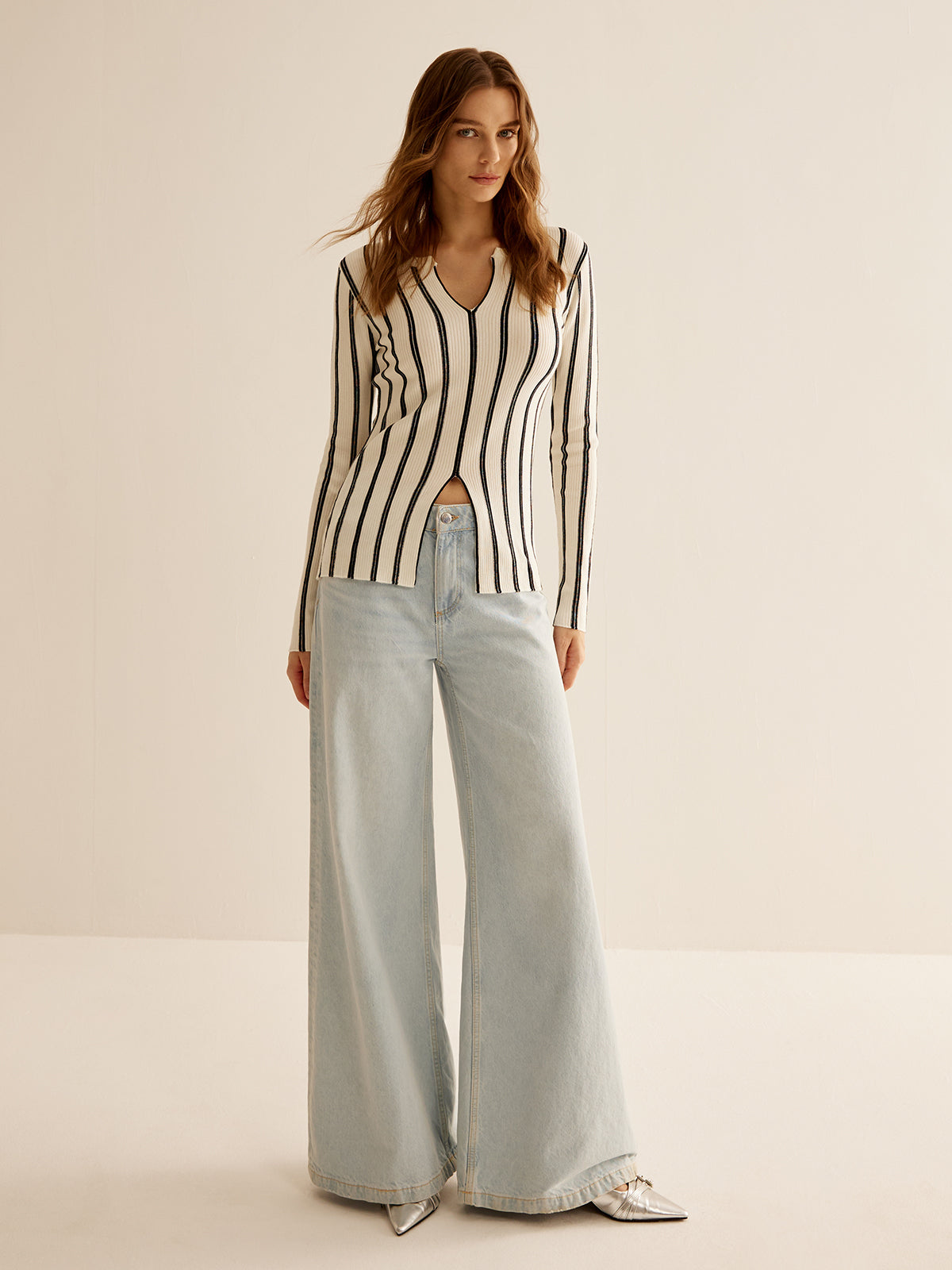 Split Pinstripe Slim Knit Top-Massicos